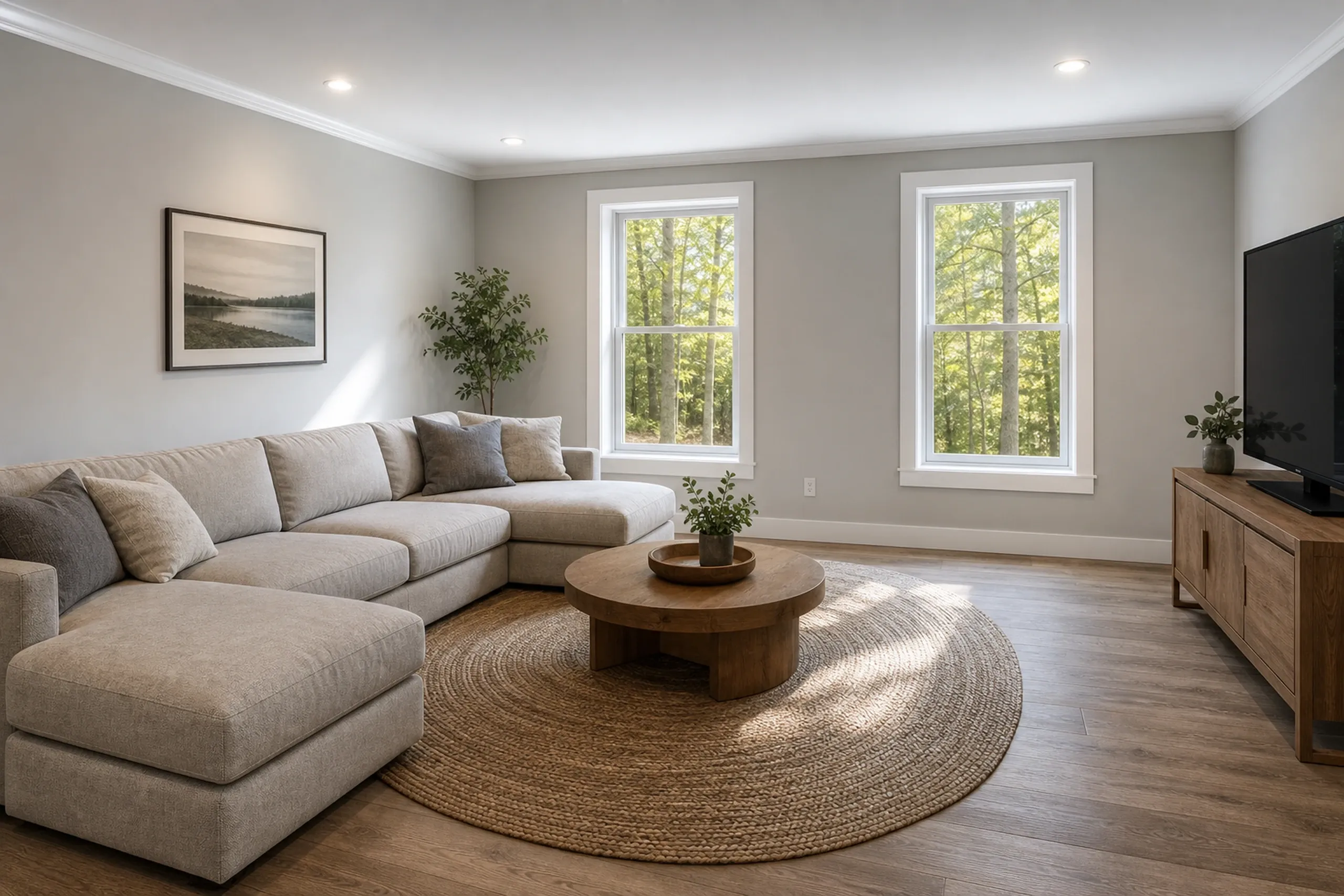 Modern living room in Dedham, Maine: Bright interior with beige sectional sofa, wood coffee table, large windows with white trim overlooking trees, hardwood floors, and recessed lighting.