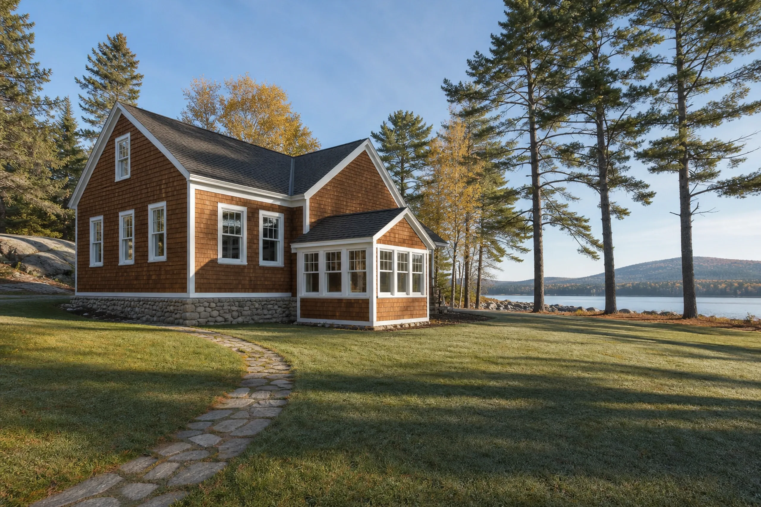 Modern cottage in Dedham, ME: Brown cedar shake sided house with white trim and dark roof on grassy lawn with stone foundation, stone walkway, evergreen trees, and lake view.