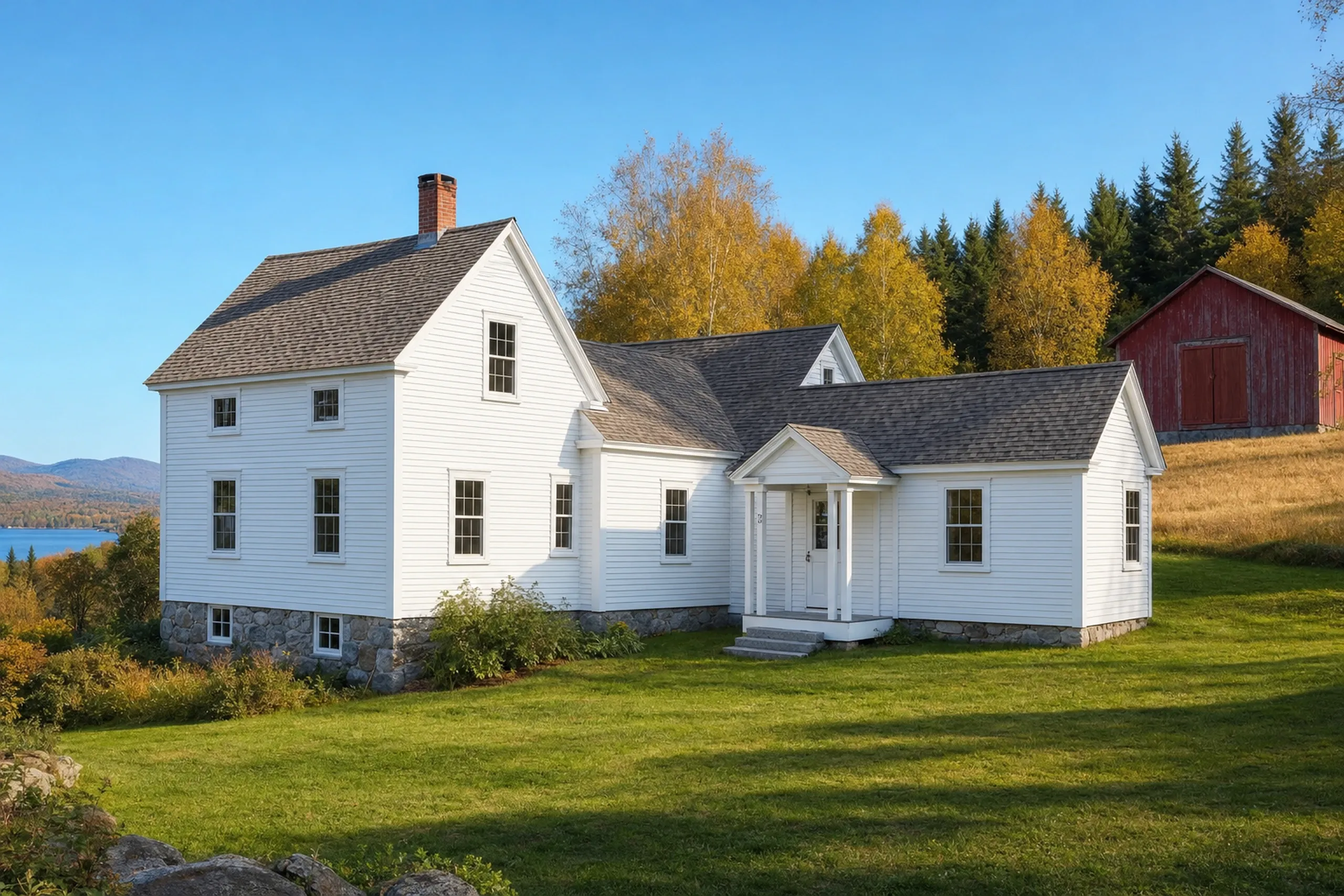 General contractor in Dedham, ME: White farmhouse with stone foundation, gray shingled roof, and attached shed addition on grassy hillside overlooking lake and forest.