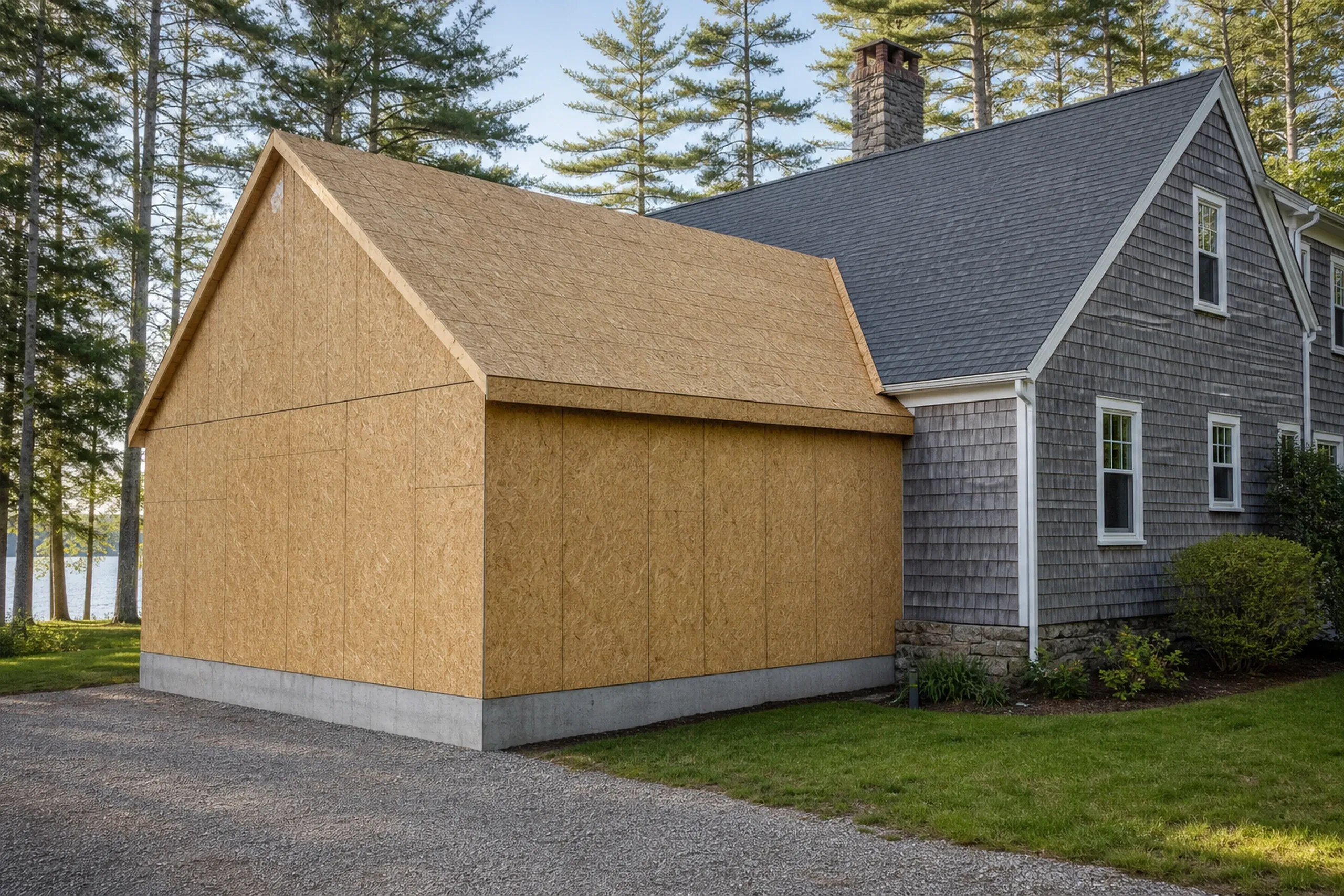 New garage construction in Dedham, ME: Tan OSB-sheathed garage with dark roof attached to gray-shingled house with white trim, surrounded by pine trees and lawn.