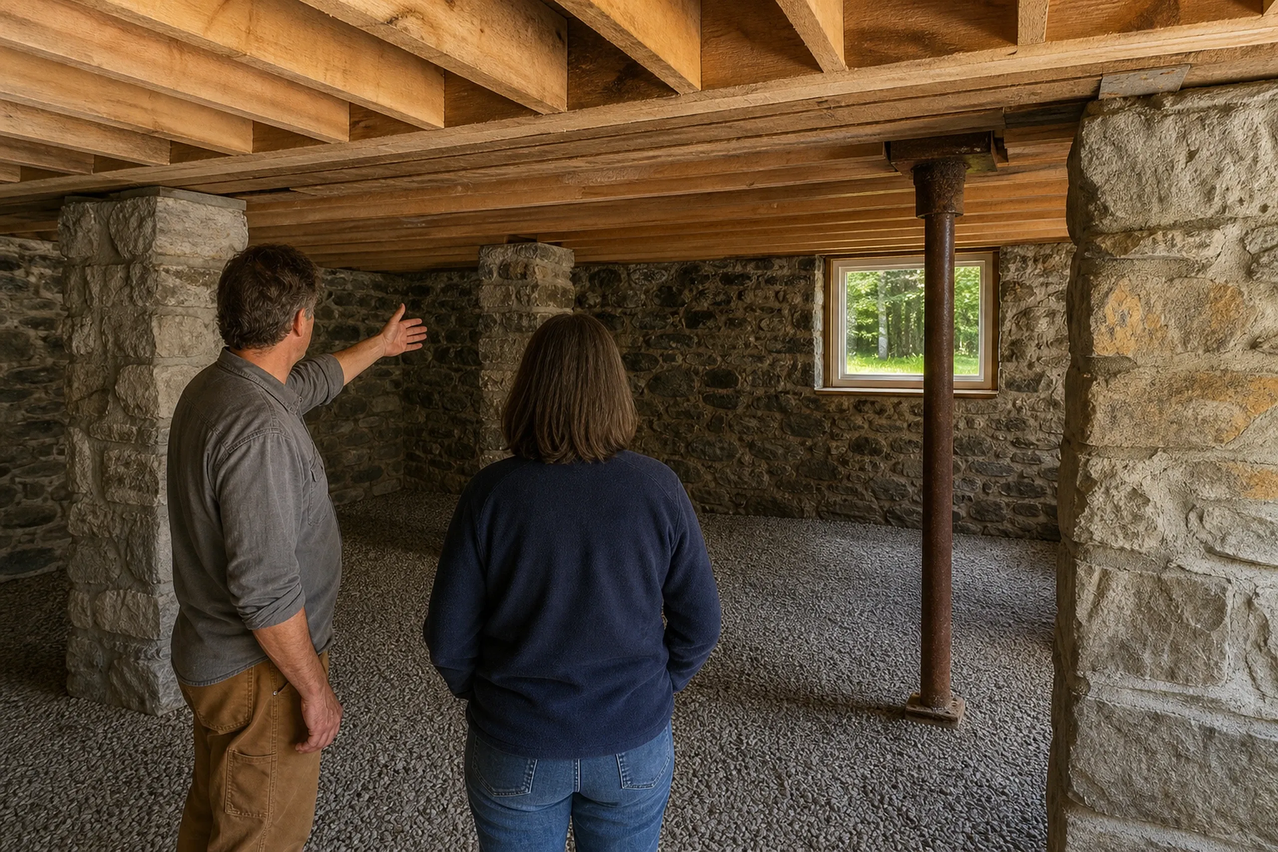 Stone basement interior in Dedham, ME: Two people stand in an unfinished stone-walled basement with wooden beam ceiling, examining the space. A window overlooks green trees outside.