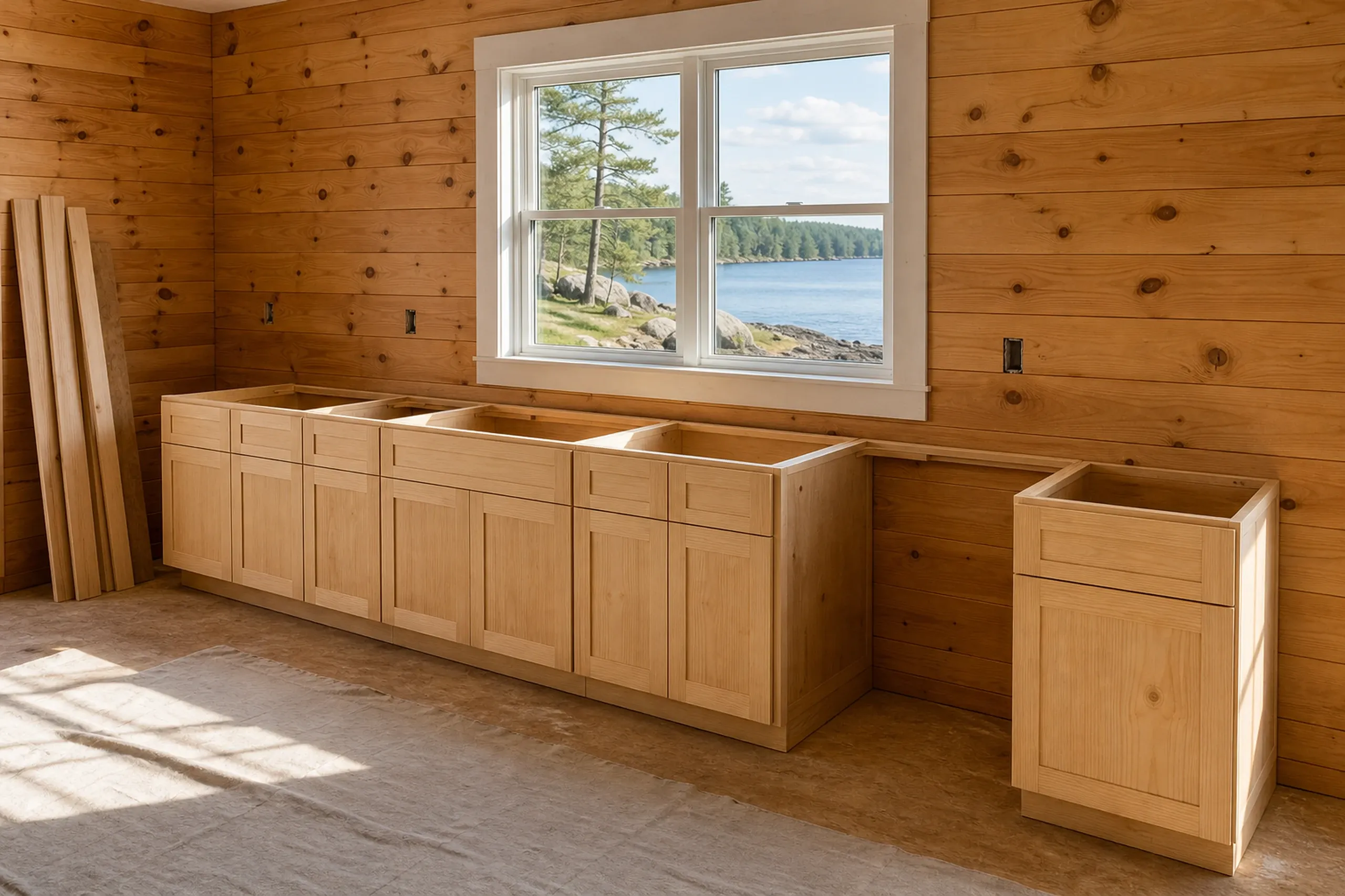 Log Cabin Kitchen Cabinetry in Dedham, ME: Interior of wooden log cabin with natural wood cabinetry and large window overlooking lake and forested shoreline.