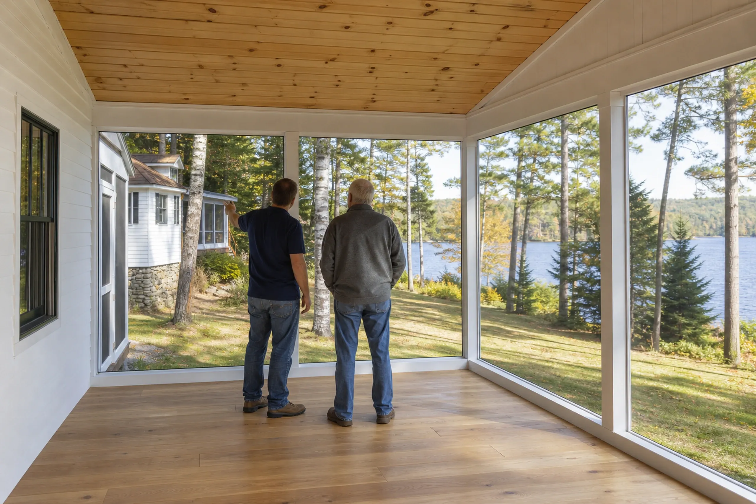 Screened porch addition in Dedham, ME: Two people stand inside a bright room with wood ceiling and large windows overlooking a forested lakeside property with other white houses visible.