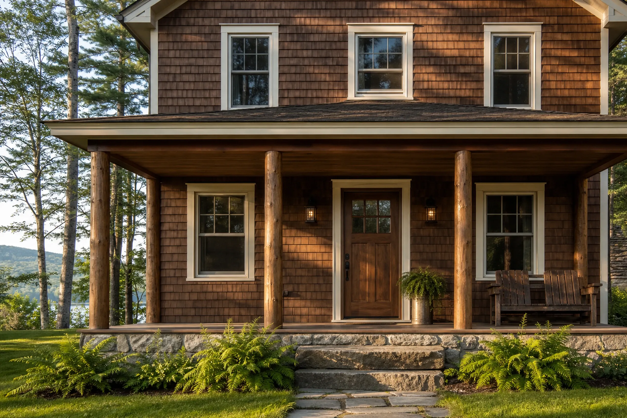 Cedar shake home in Dedham, ME: Two-story house with brown cedar shingle siding, white trim, covered front porch with log posts, wooden front door, stone foundation, and manicured lawn with ferns.