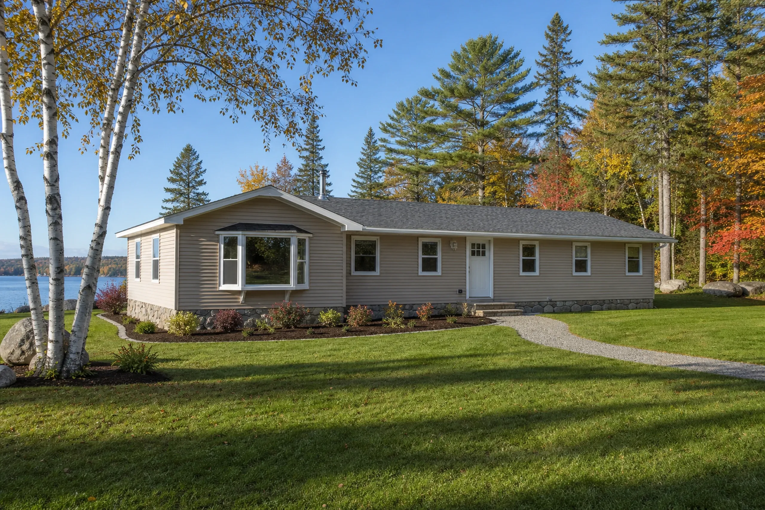 Re-sided ranch home in Eddington, Maine: Single-story house with tan vinyl siding, dark roof, and stone foundation on grassy lot with birch and evergreen trees, lake visible in background.