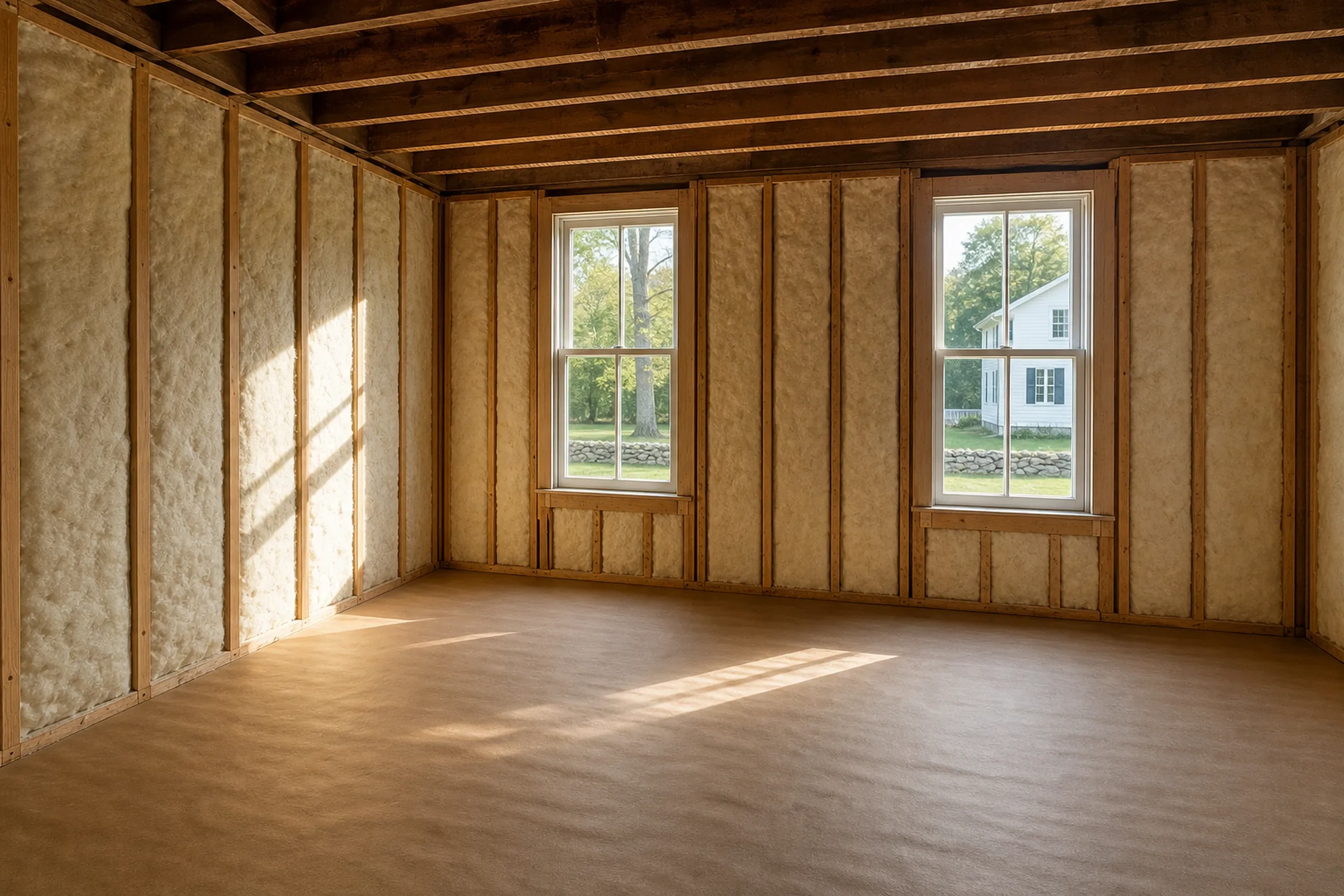 Interior room in Eddington, ME: Empty room with wood beam ceiling, tan paneled walls, wooden floor, two windows showing white house and trees outside.