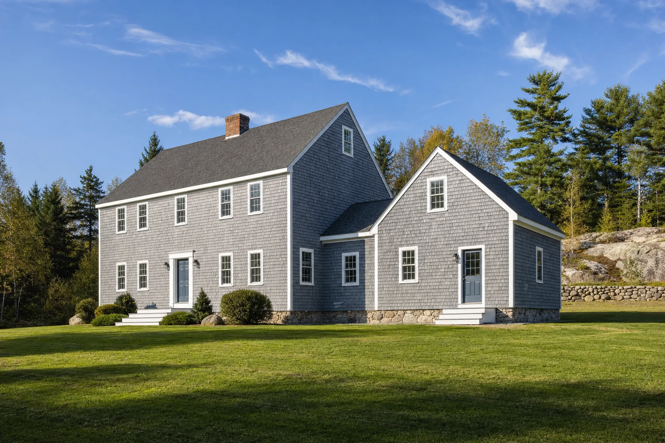 General contractor in Eddington, ME: Two-story gray cedar shake house with white trim and dark roof on manicured lawn surrounded by evergreen trees.