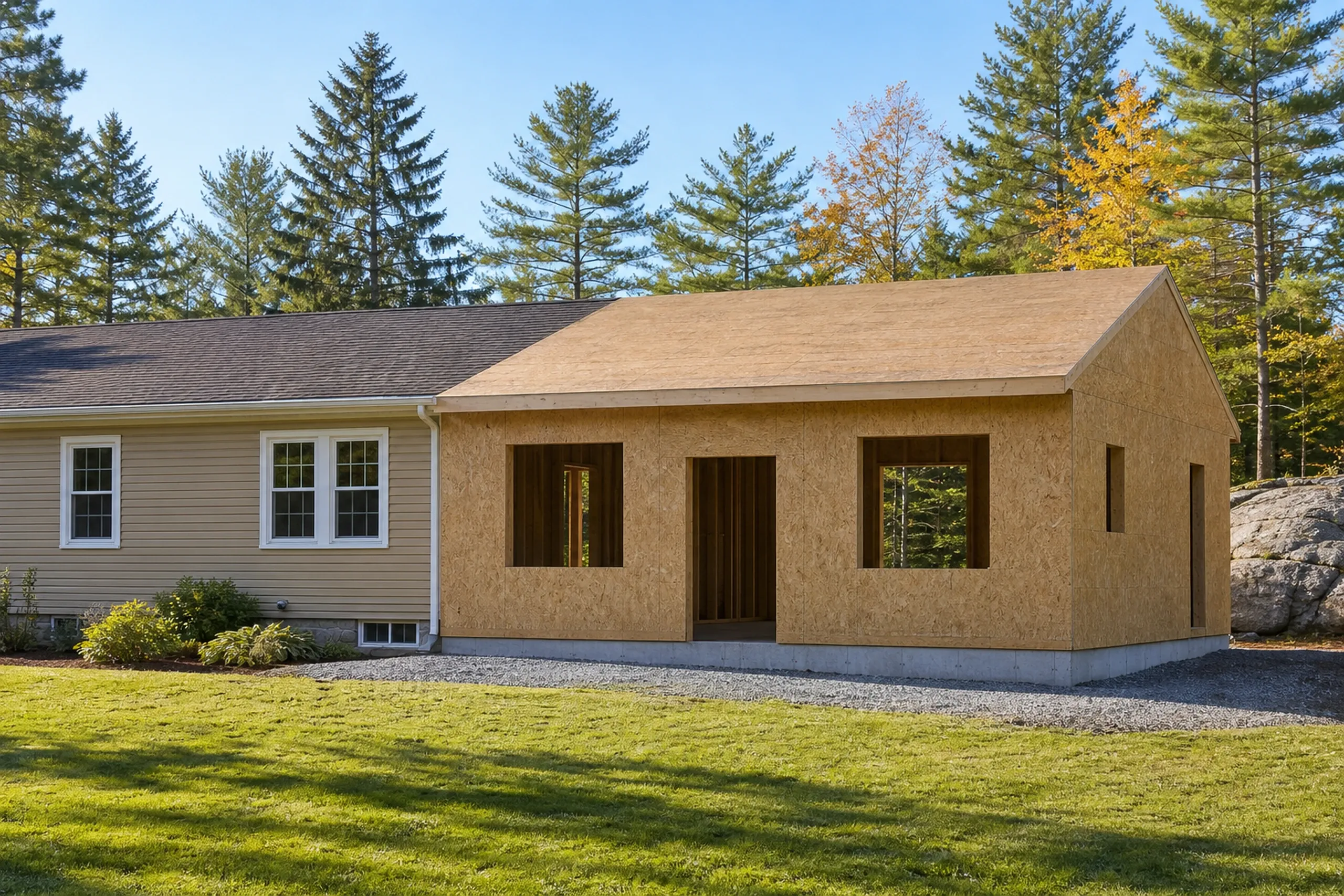 Home addition in Eddington, Maine: One-story tan addition with two large windows and central door beside original white-sided house, evergreen forest backdrop, clear sky.