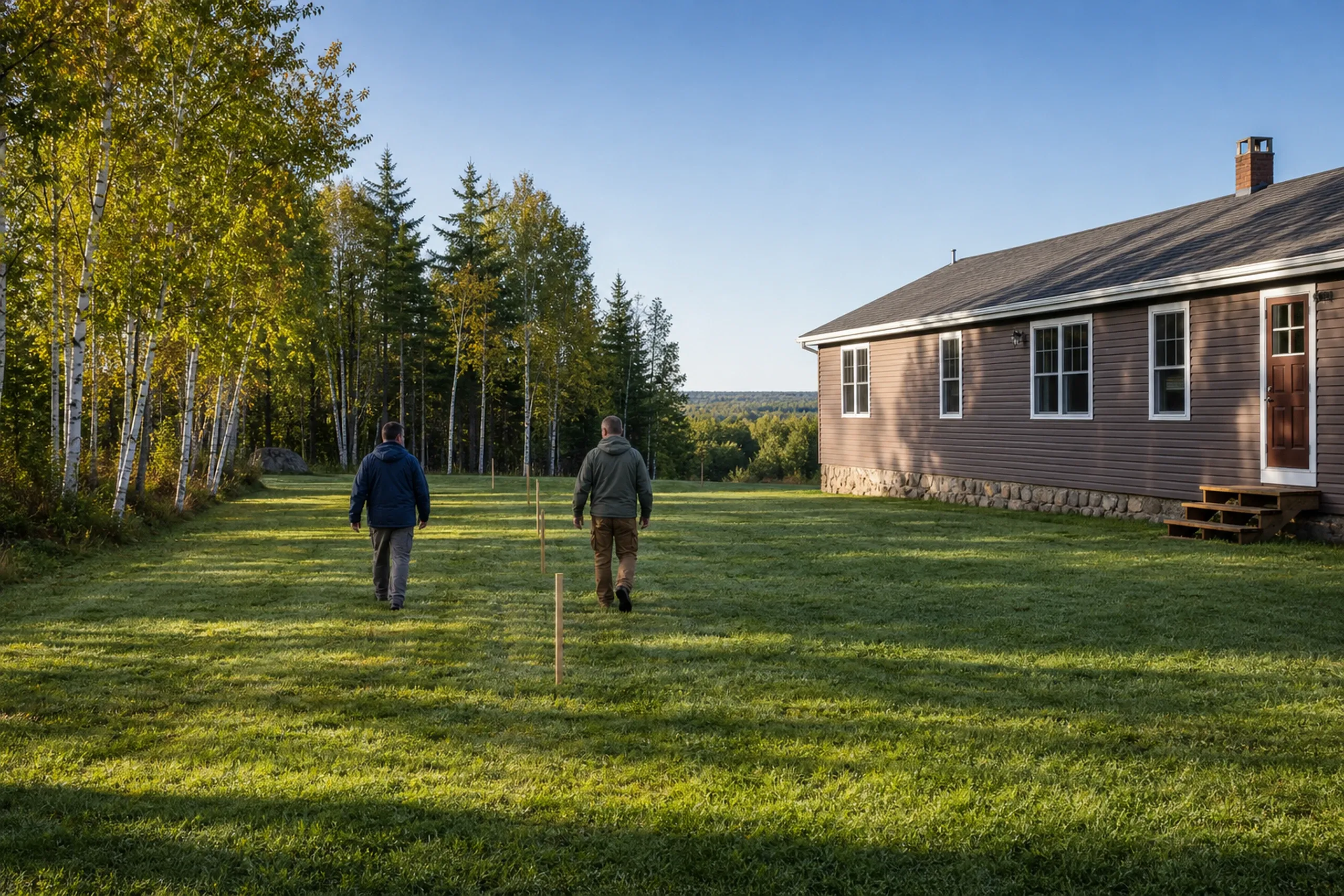 Residential home renovation in Eddington, ME: Two people walk across a grassy yard toward a single-story house with tan siding, white trim, and gray roof surrounded by birch and evergreen trees.