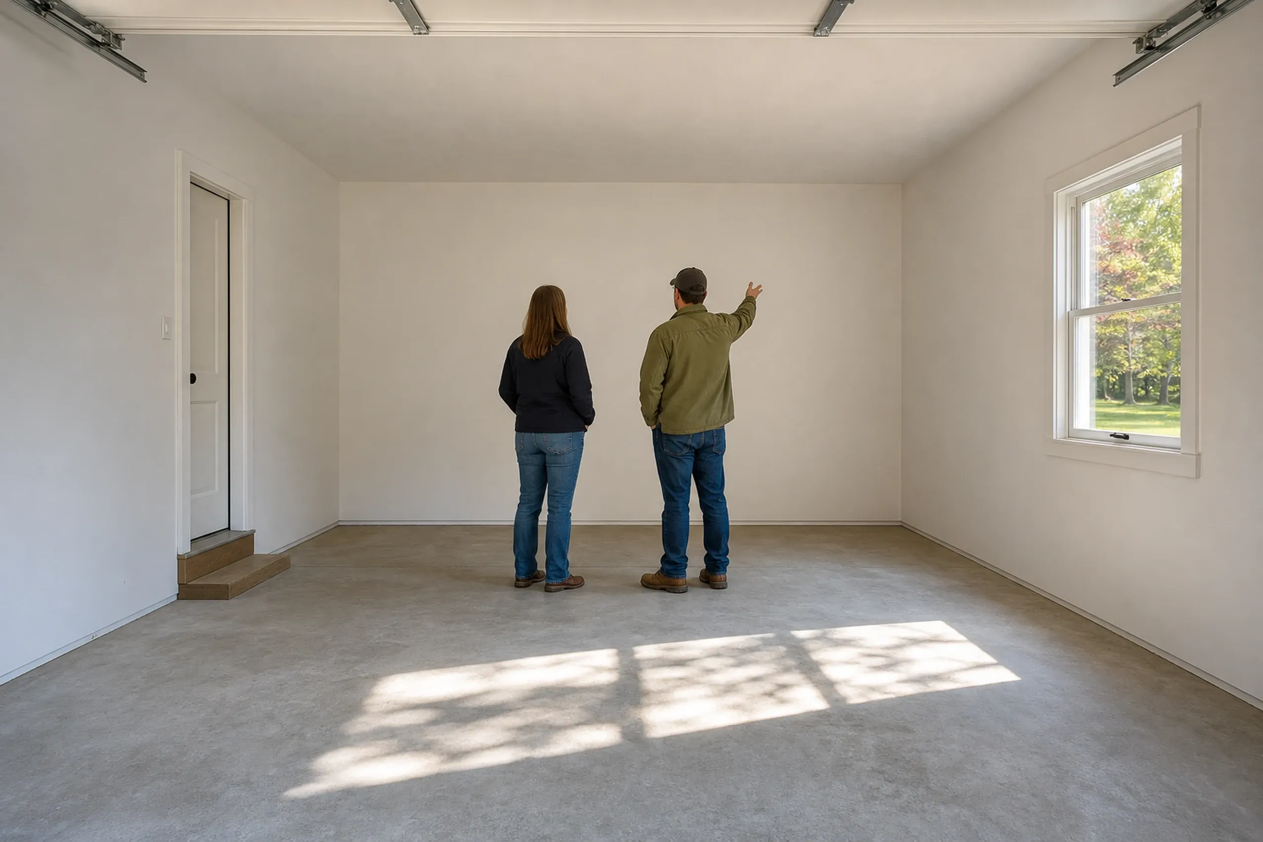 New home interior in Eddington, ME: Two people stand in empty room with concrete floor, white walls, window with green view, white trim and door on left.