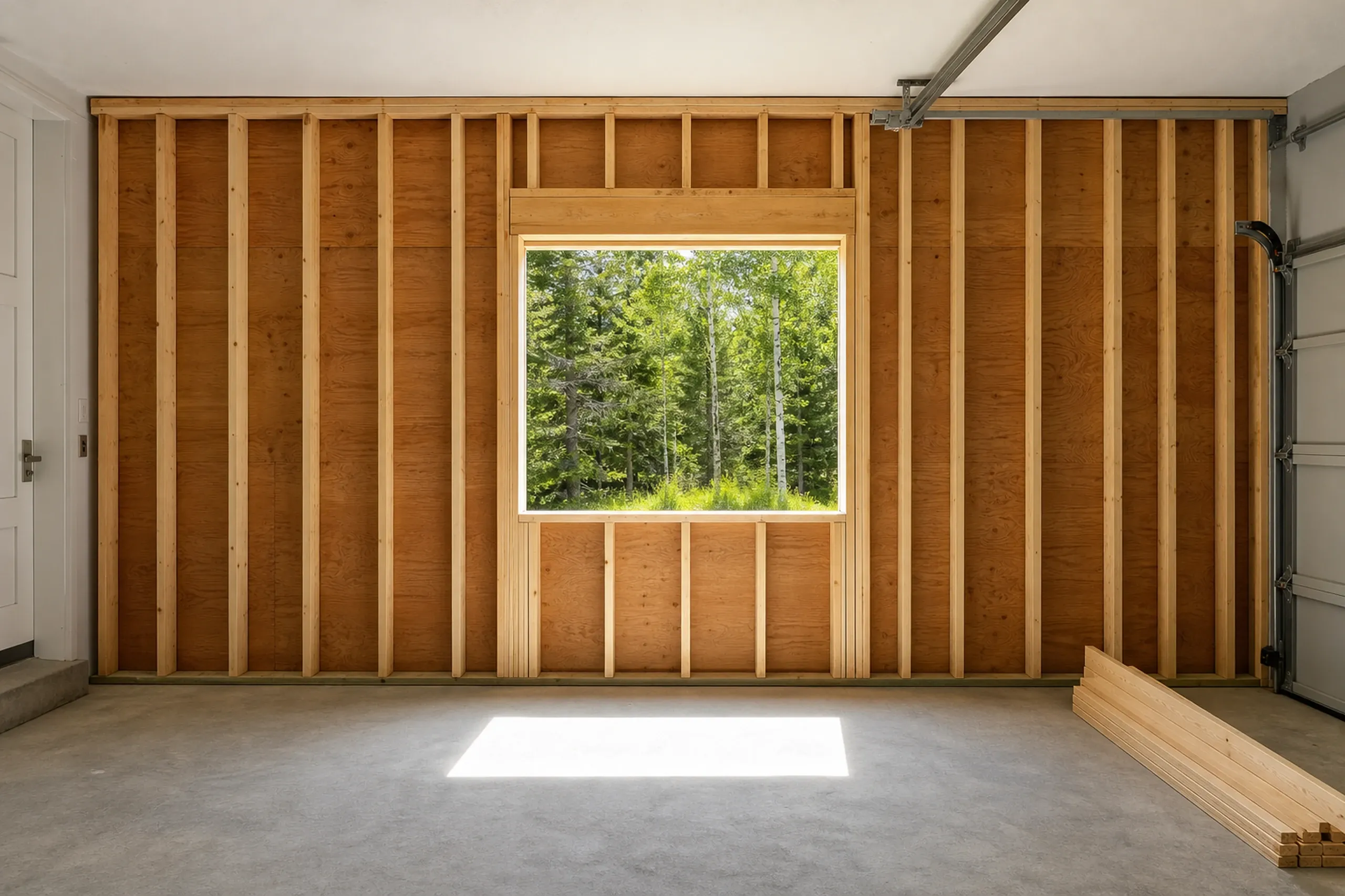New garage framing in Eddington, ME: Interior view of wooden stud framing with window opening, concrete floor, and trees visible outside.