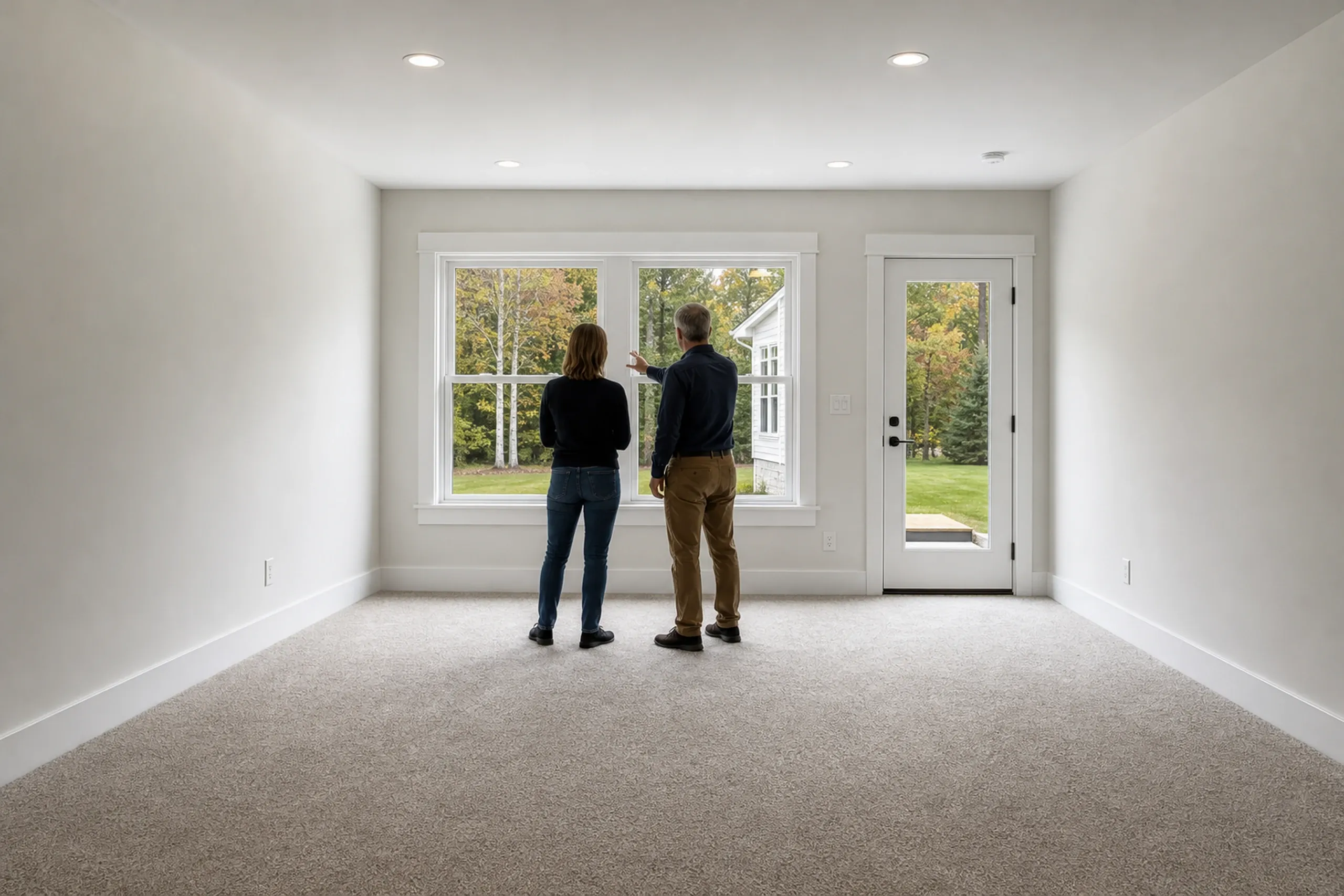 New home interior in Eddington, Maine: Two people stand in an empty room with beige carpet, white walls, large windows and glass door looking out to green lawn and autumn trees.