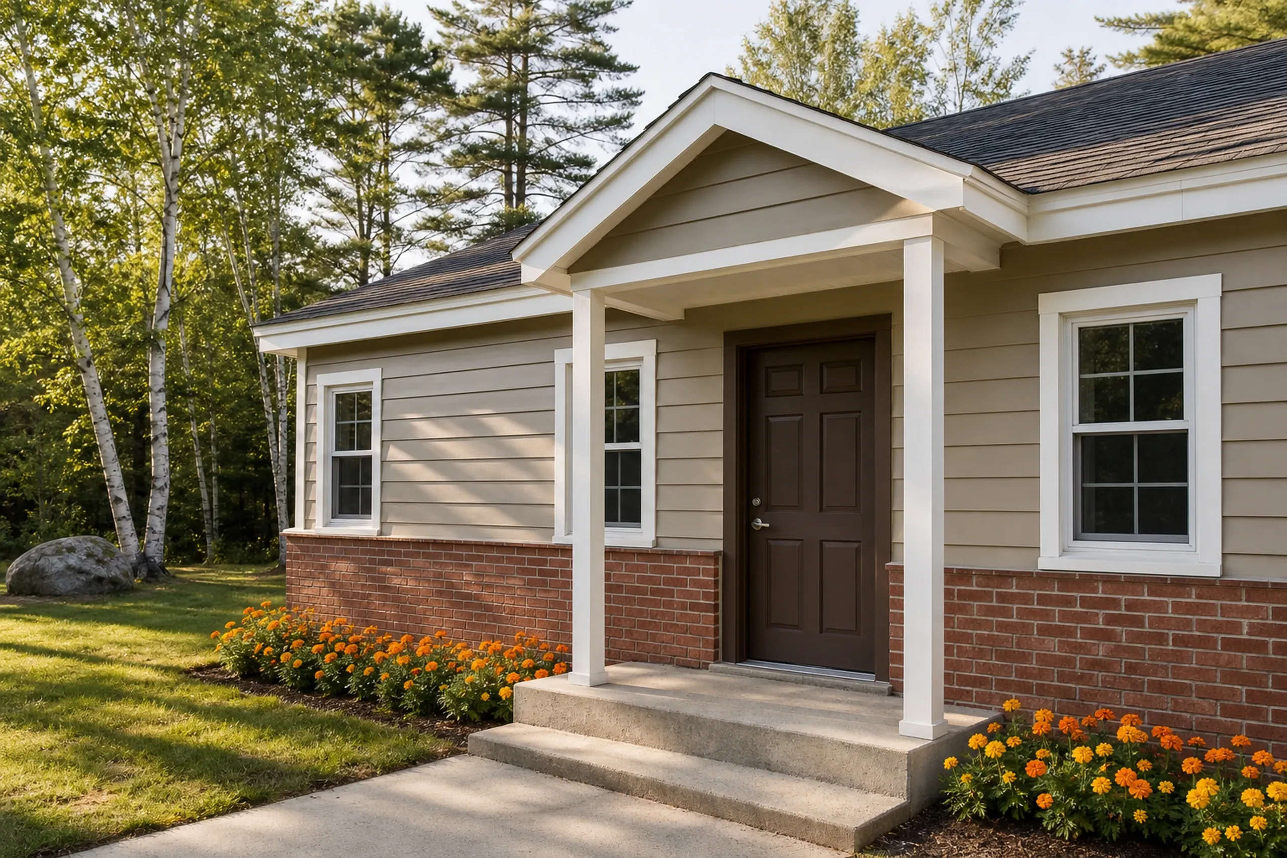Re-sided ranch in Eddington, ME: Single-story house with gray horizontal siding, brick foundation, white trim, dark roof, front porch, garage, and landscaped flower beds among pine trees.