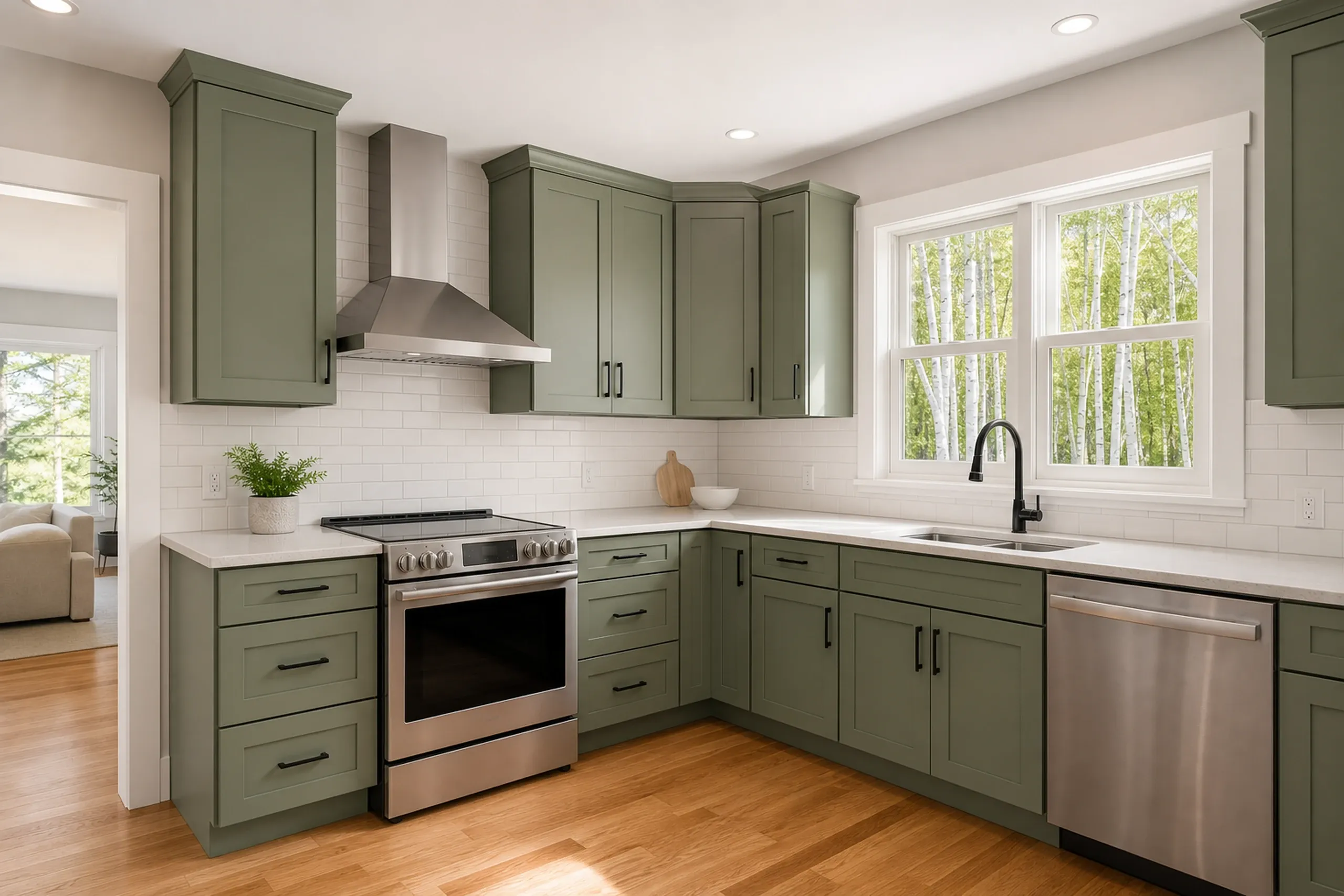 Green Kitchen Remodel in Frankfort, ME: Interior kitchen with sage green cabinets, white subway tile backsplash, stainless steel appliances, white countertops, and wood flooring.