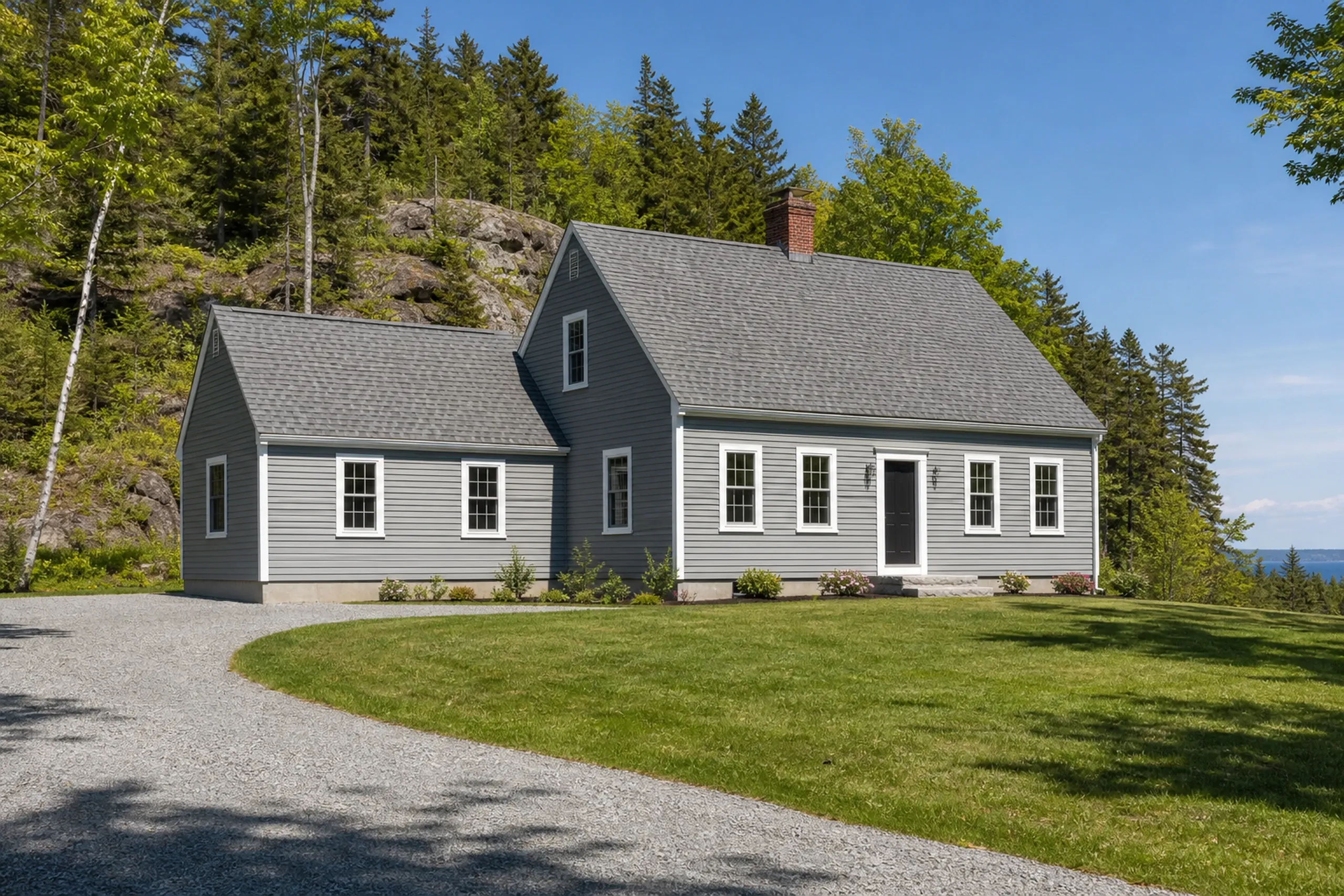 Re-sided colonial in Frankfort, ME: Gray and white cape-style house with gray roof, white trim, and brick chimney on landscaped lawn surrounded by evergreen and birch trees.