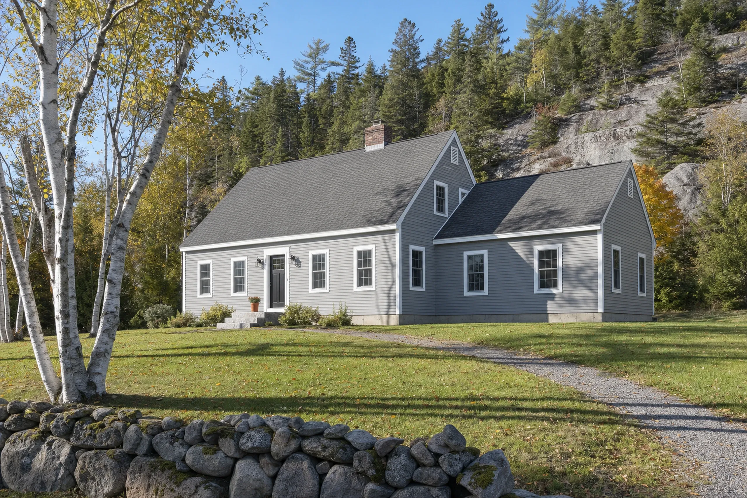 General contractor in Frankfort, ME: Two-story white house with gray roof, white trim, gray siding addition, gravel driveway, stone wall, birch trees, evergreens and rocky hillside background.