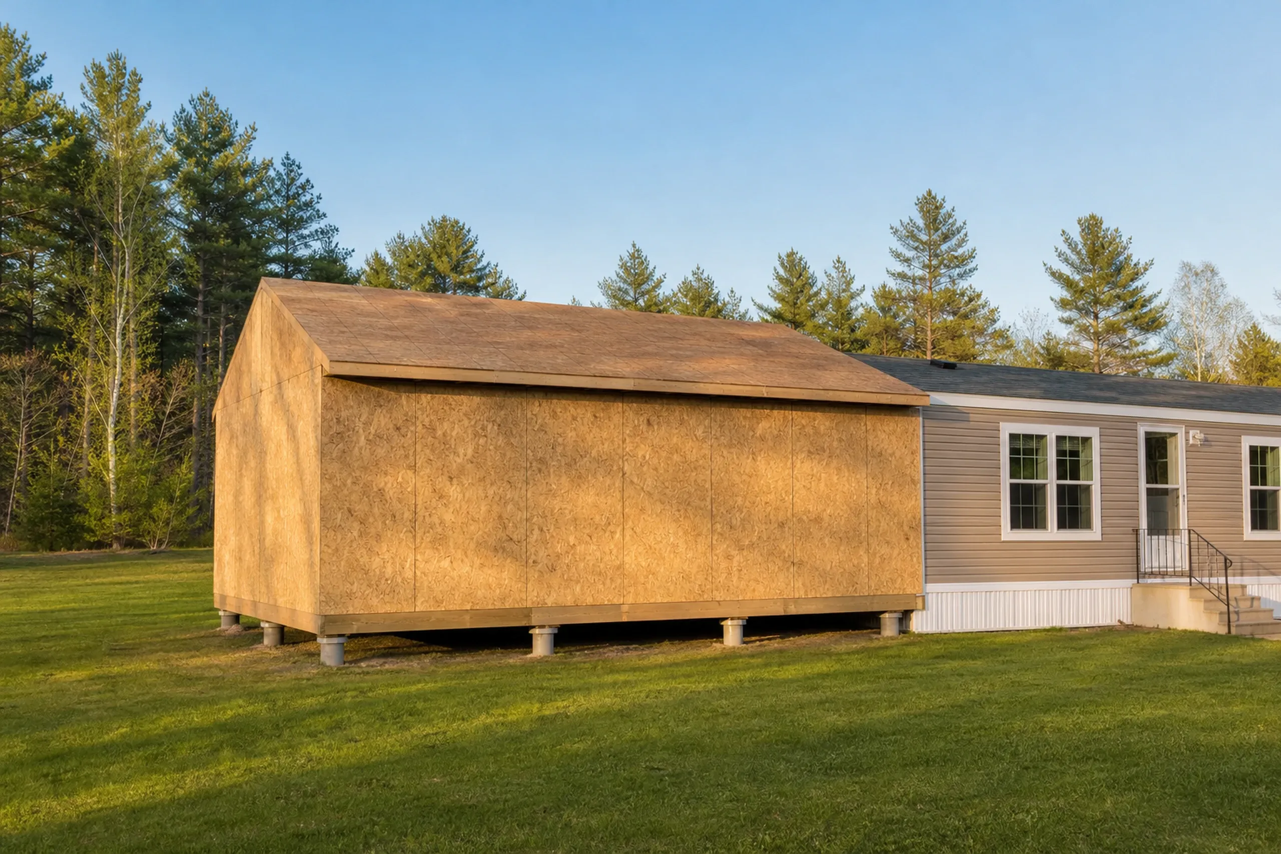 Addition to Mobile Home in Frankfort, ME: A wooden-sided addition with brown OSB sheathing and shingled roof sits next to a gray and tan mobile home on a grassy lot surrounded by evergreen trees.