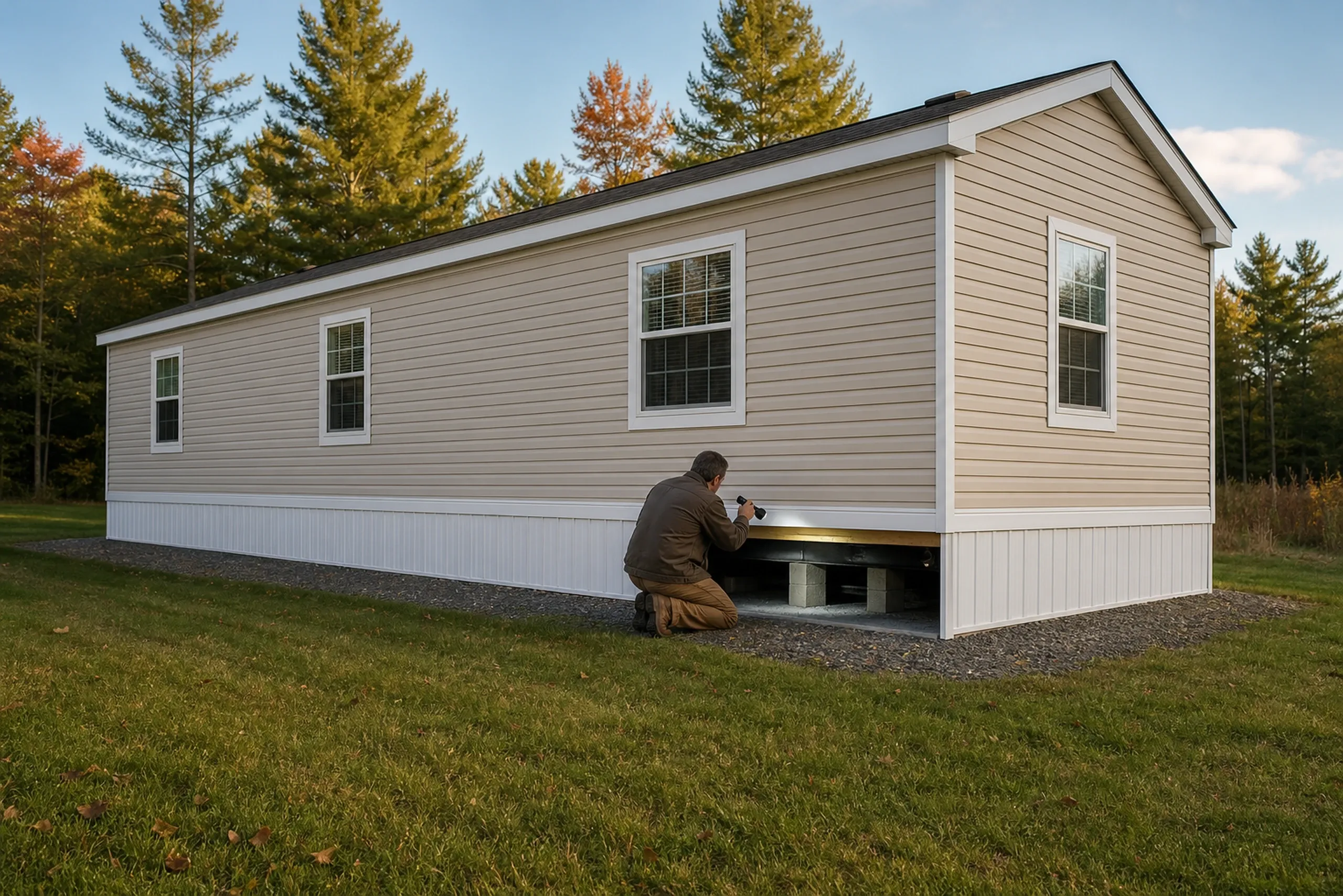 Mobile home in Frankfort, ME: Tan vinyl-sided manufactured home with white trim and dark roof, elevated on foundation, man kneeling to inspect undercarriage, surrounded by grass and pine trees.
