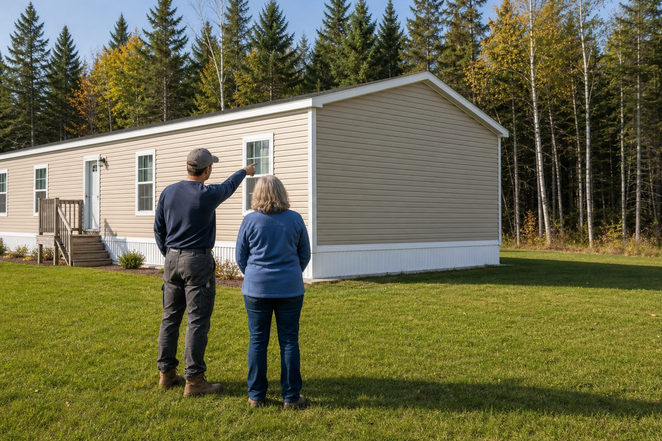 Mobile home in Frankfort, Maine: Two people stand on grass facing a single-wide manufactured home with tan vinyl siding, white trim, and a peaked roof, surrounded by evergreen and birch trees.