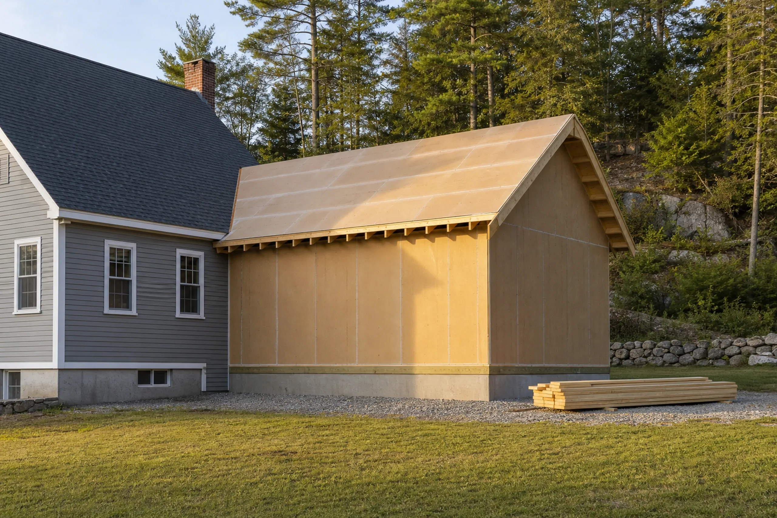 New Addition in Frankfort, ME: A tan wood-sided shed addition with gabled roof attached to a gray-sided house with black roof, surrounded by lawn and evergreen trees.