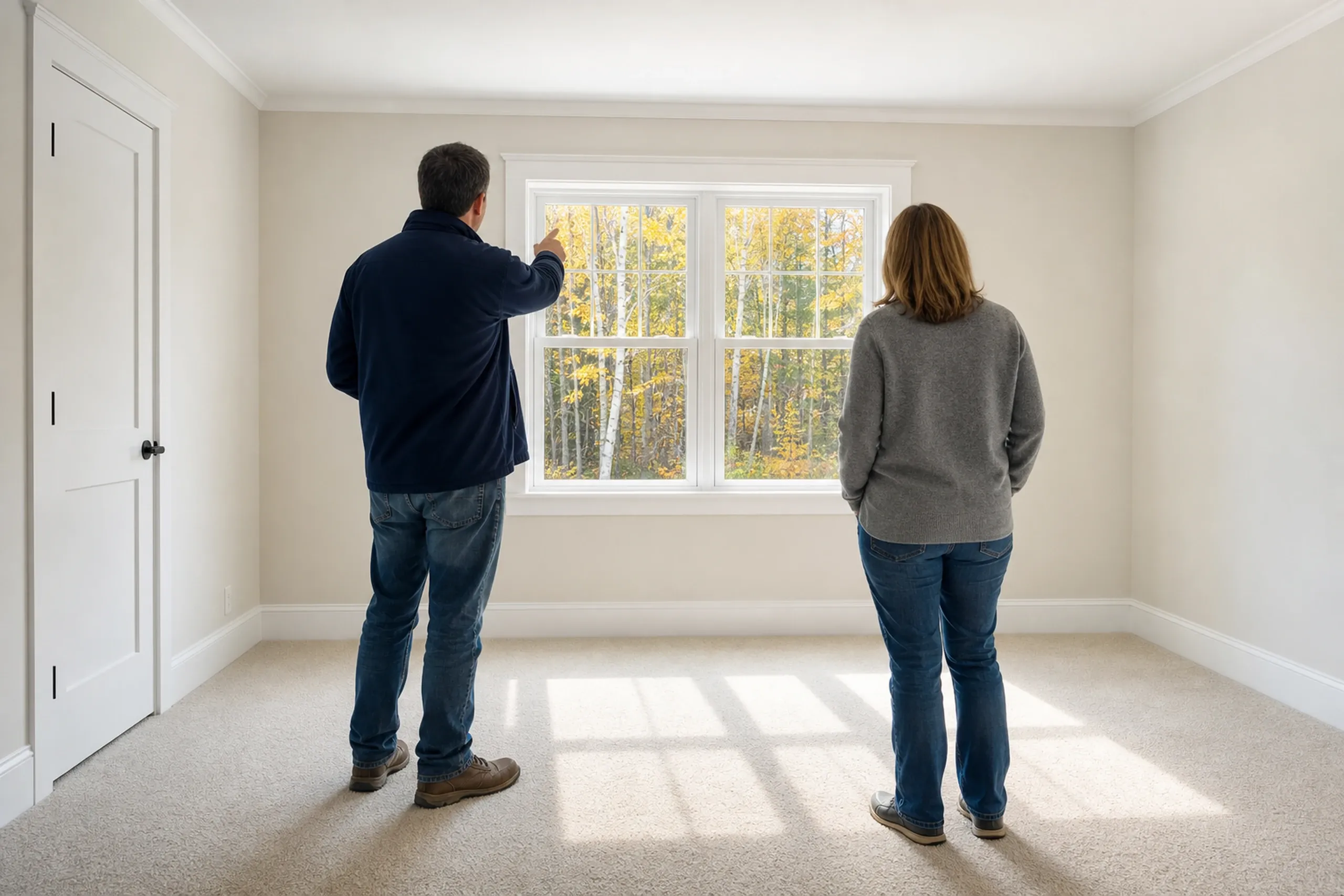 New home interior in Frankfort, ME: Couple viewing large window in empty room with beige walls and carpeted floor, autumn trees visible outside.