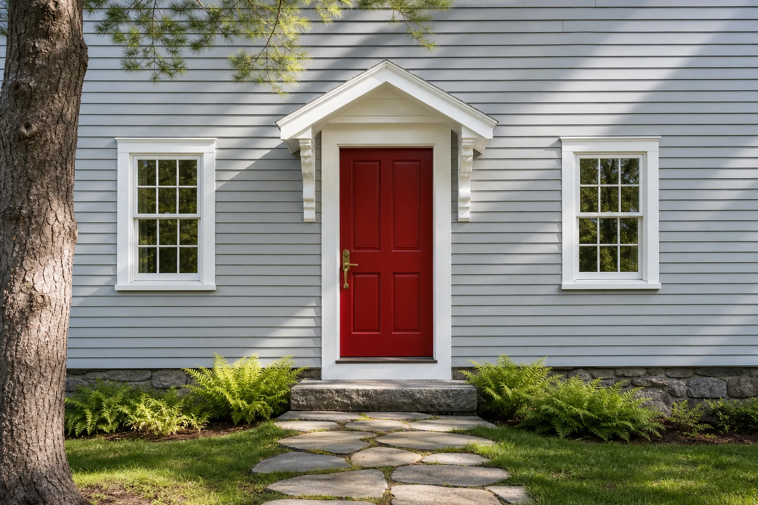 Light blue house in Frankfort, Maine: A single-story residence with light blue horizontal siding, white-trimmed windows and door frame, a red front door, stone foundation, and fern plantings flanking the entrance.