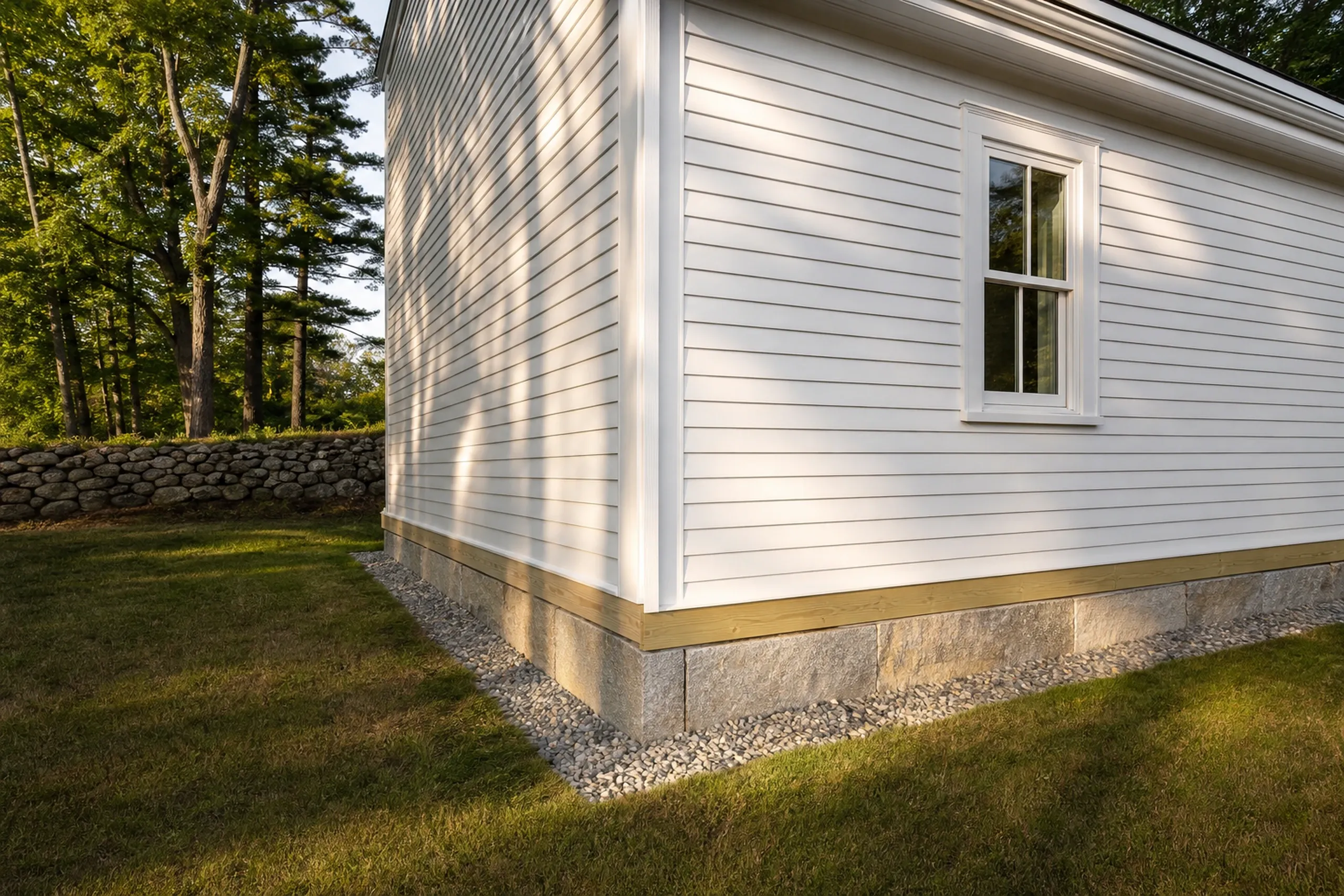 Sill repair in Frankfort, ME: The base of a white clapboard house wall with a new sill set on gray stone foundation blocks, gravel along the foundation, a stone wall and evergreen trees behind.