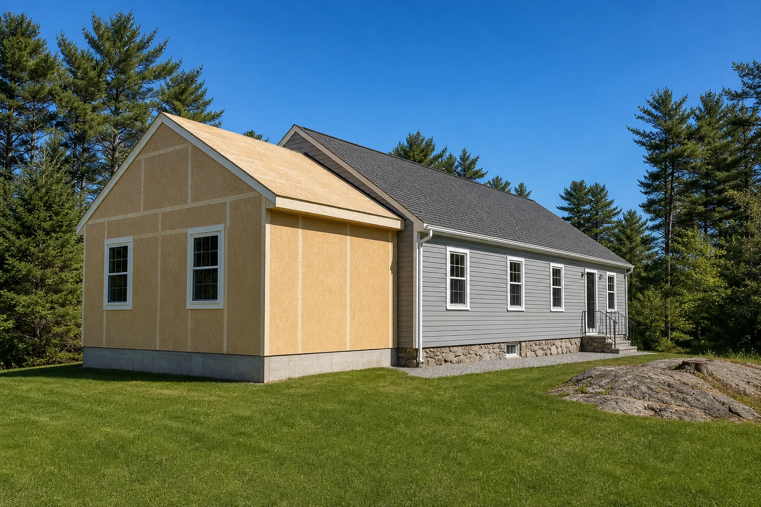New construction home in Glenburn, ME: Single-story house with tan and gray siding, stone foundation, dark roof, and evergreen trees in background on grassy lot.