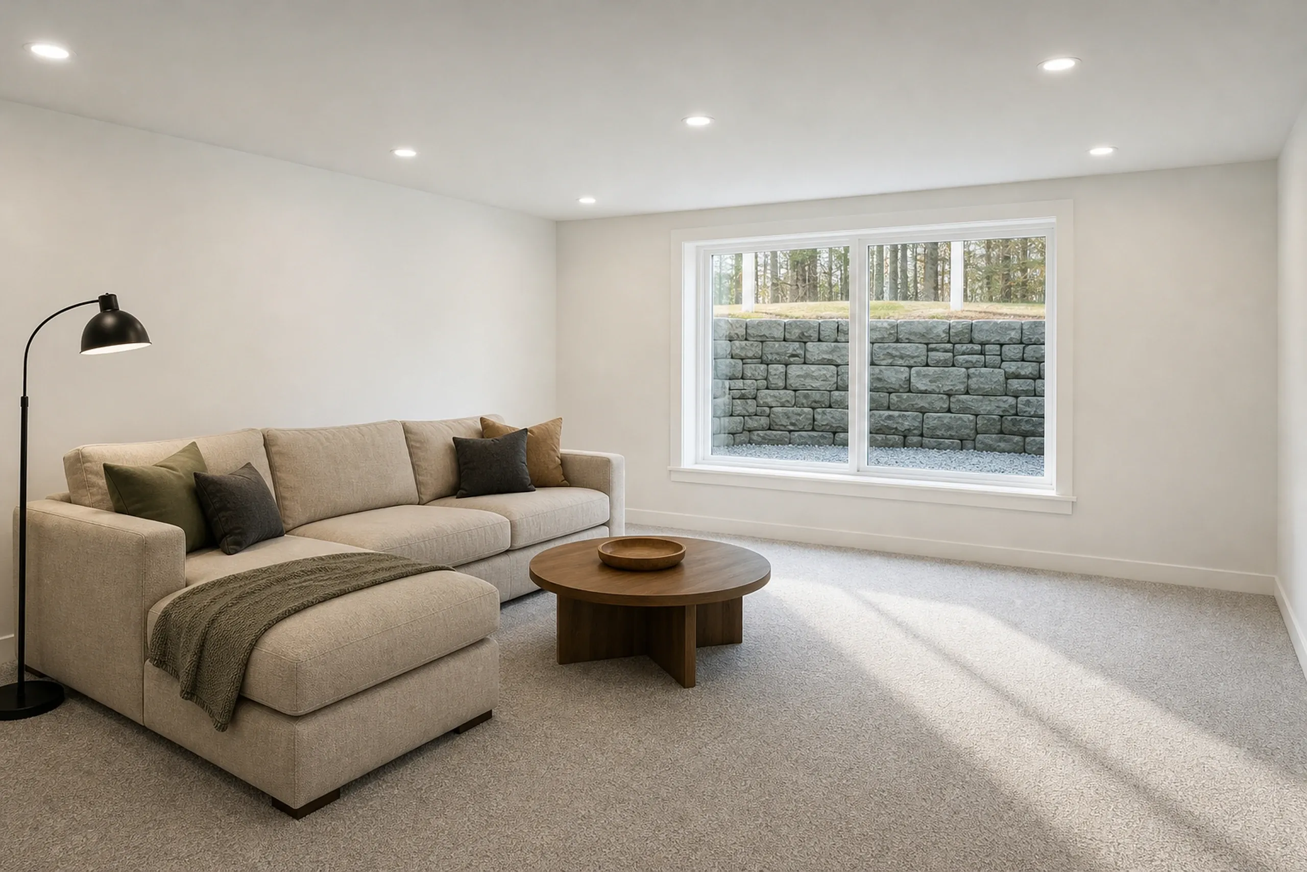 Basement family room in Glenburn, ME: Interior view of finished basement with beige sofa, wooden coffee table, black arc lamp, and large windows overlooking stone retaining wall.