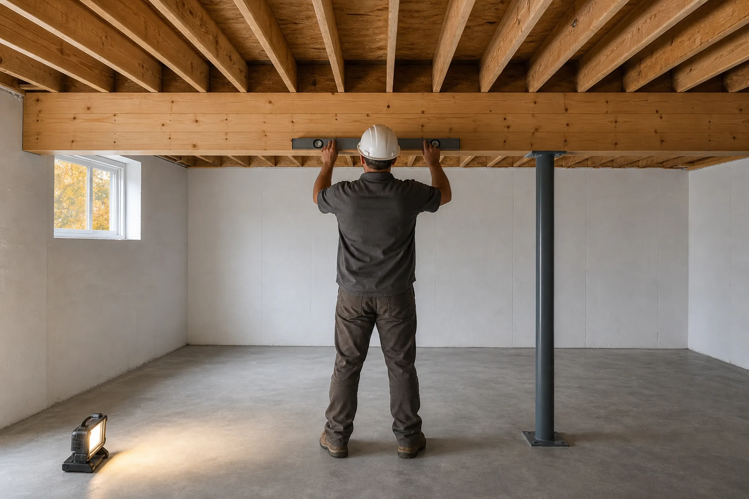 Basement renovation in Glenburn, ME: Worker in hard hat measuring wooden beam in unfinished basement with concrete floor, white walls, exposed wood ceiling beams, and small window.