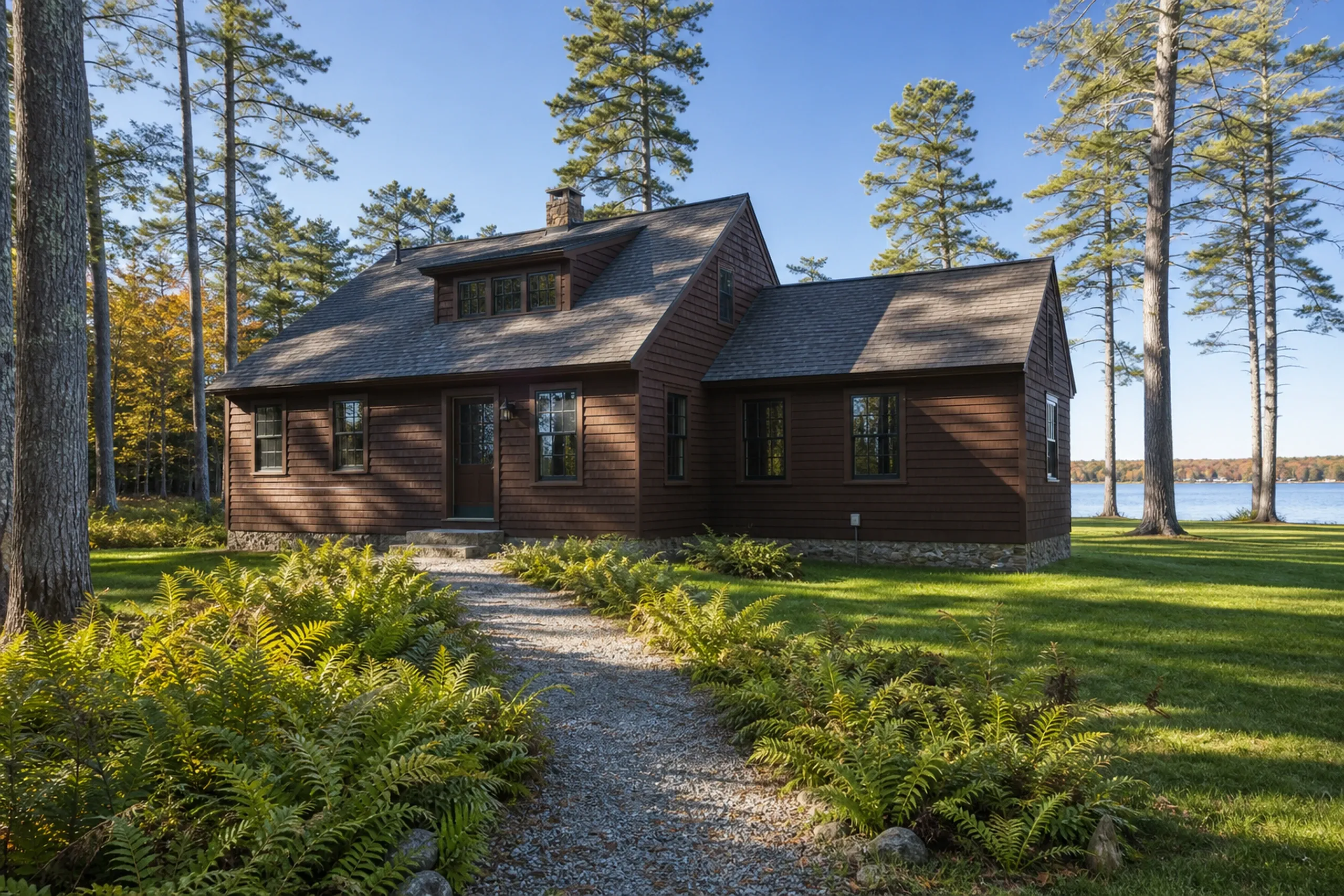 Modern cottage in Glenburn, ME: Brown wood-sided house with dark roof and dormer, surrounded by tall pine trees and ferns, with lake visible in background.