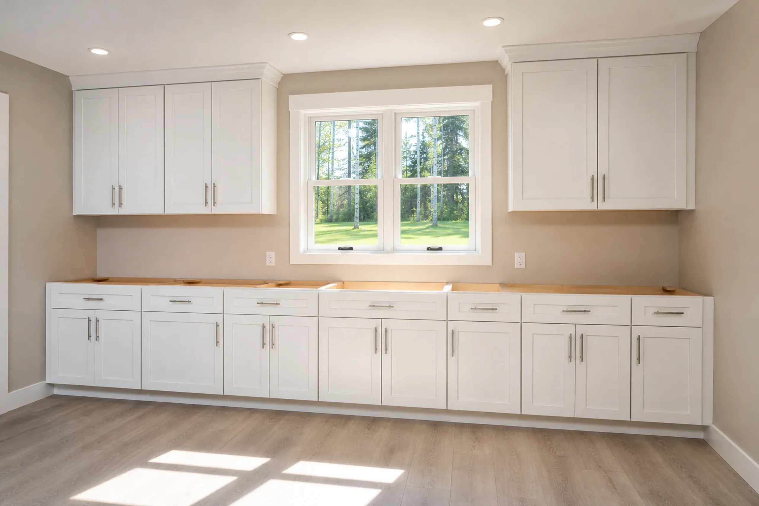 Kitchen renovation in Glenburn, ME: Interior view of white cabinetry with wood countertops, large window overlooking wooded area, recessed lighting, and wood flooring.