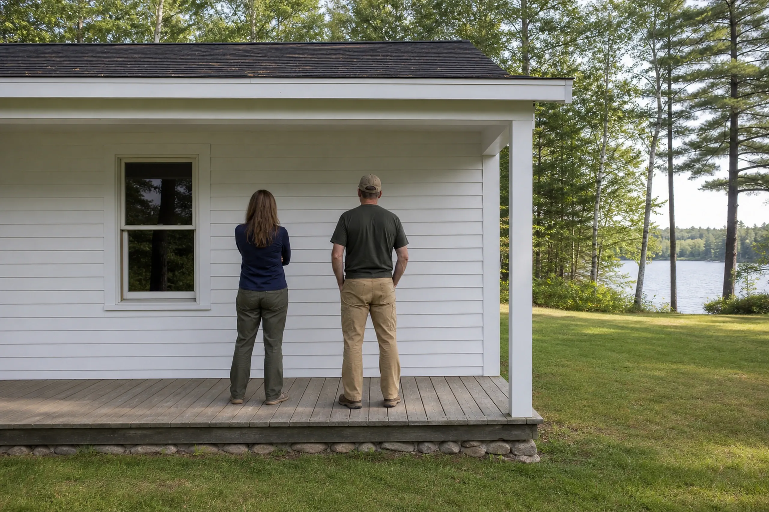 Modern cottage with white siding in Glenburn, ME: Two people stand on a composite deck viewing a small white cottage with dark roof and large window, lakeside setting with pine trees.