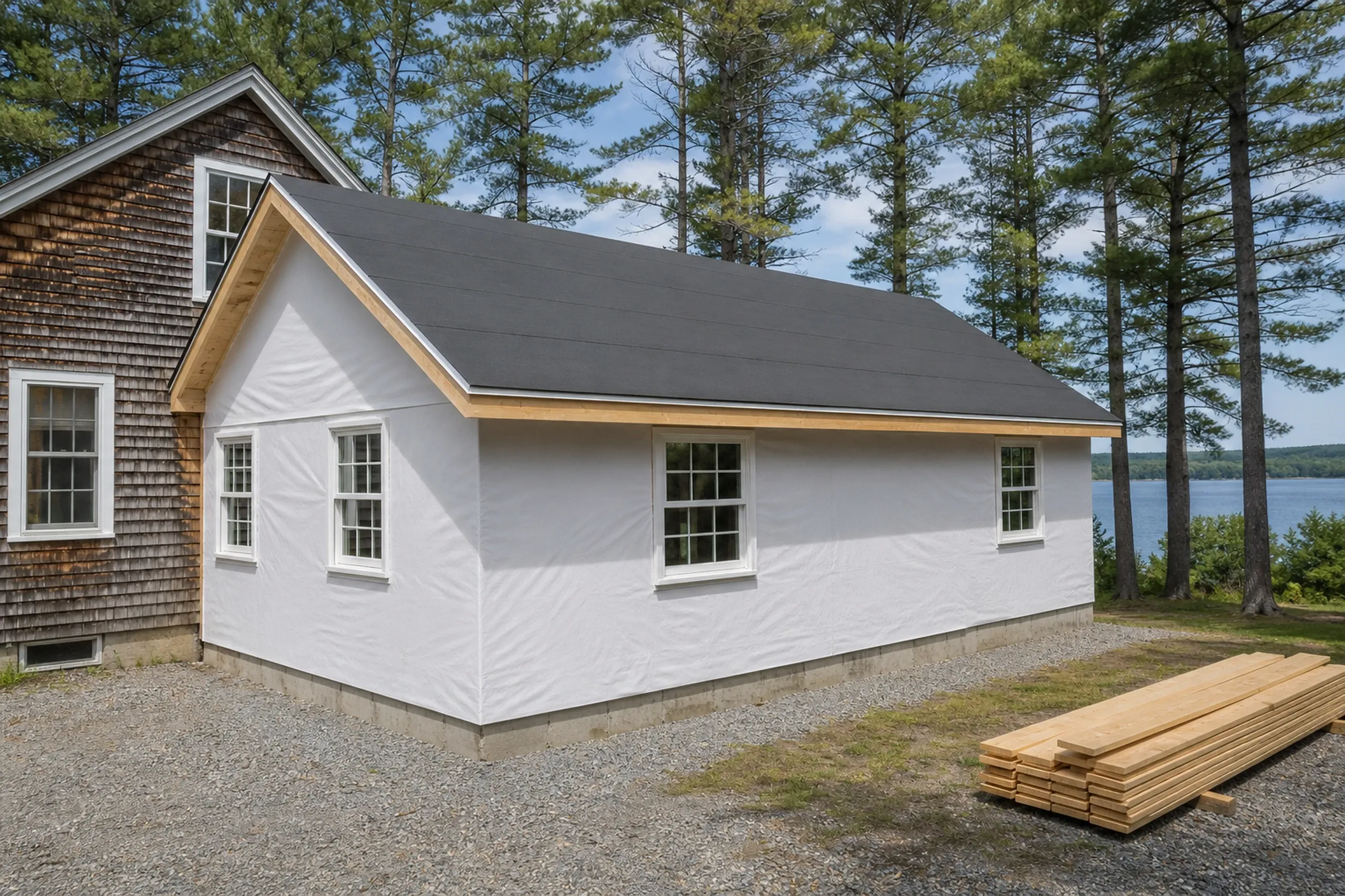 New addition with white siding in Glenburn, ME: A white-sided rectangular addition with dark roof and wooden trim attached to a brown-shingled house, set on gravel near tall pine trees and water.
