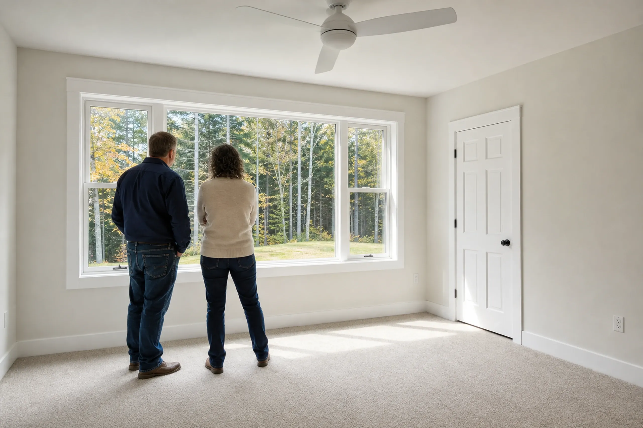 New home interior in Glenburn, ME: Two people stand in an empty room with beige walls, white trim, and carpet, looking out large windows at a forested setting.