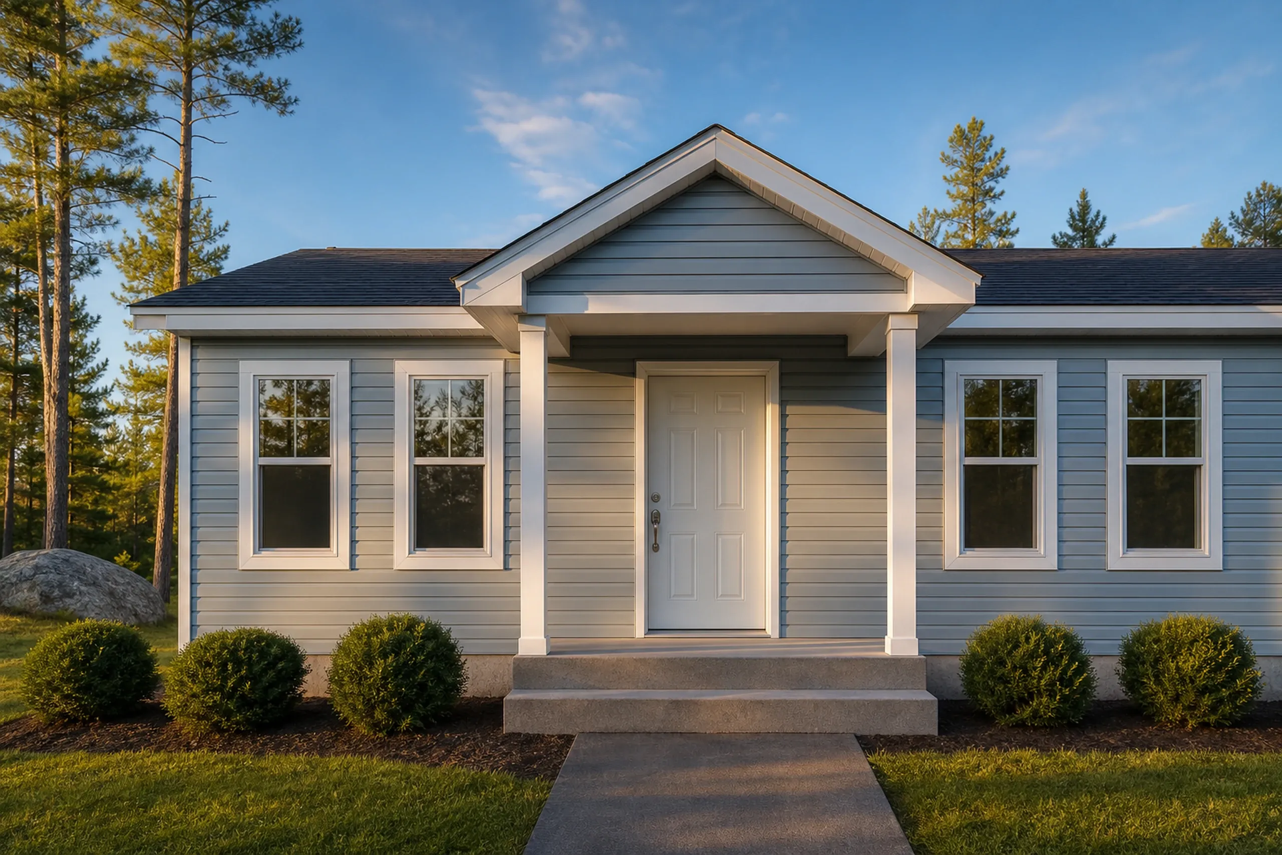 Modern mobile home in Glenburn, ME: Single-wide manufactured home with light blue horizontal siding, white trim, white entry door with covered porch, two double-hung windows per side, gabled roof, concrete foundation and walkway, landscaped shrubs, pine trees in background.