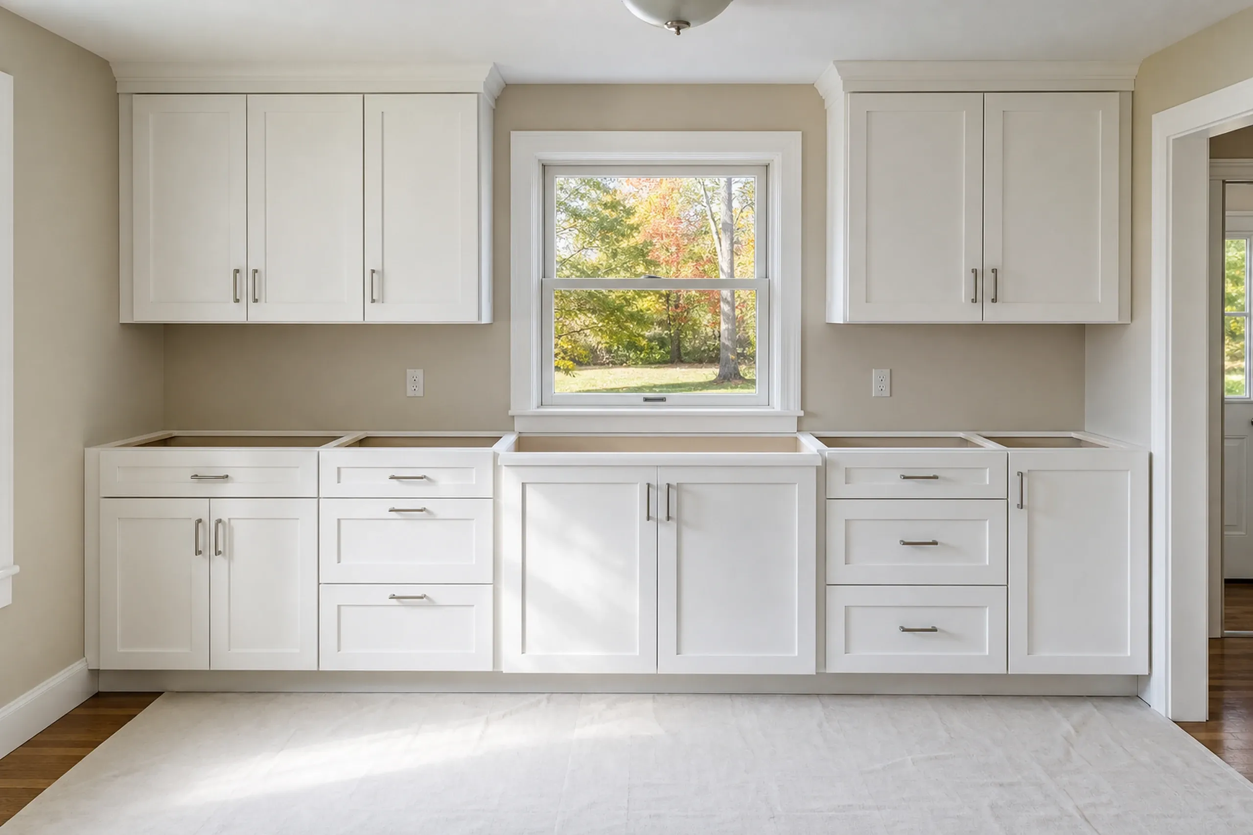 White Kitchen Cabinets in Hampden, ME: Empty kitchen with white cabinetry, window overlooking trees, hardwood flooring, and beige walls.