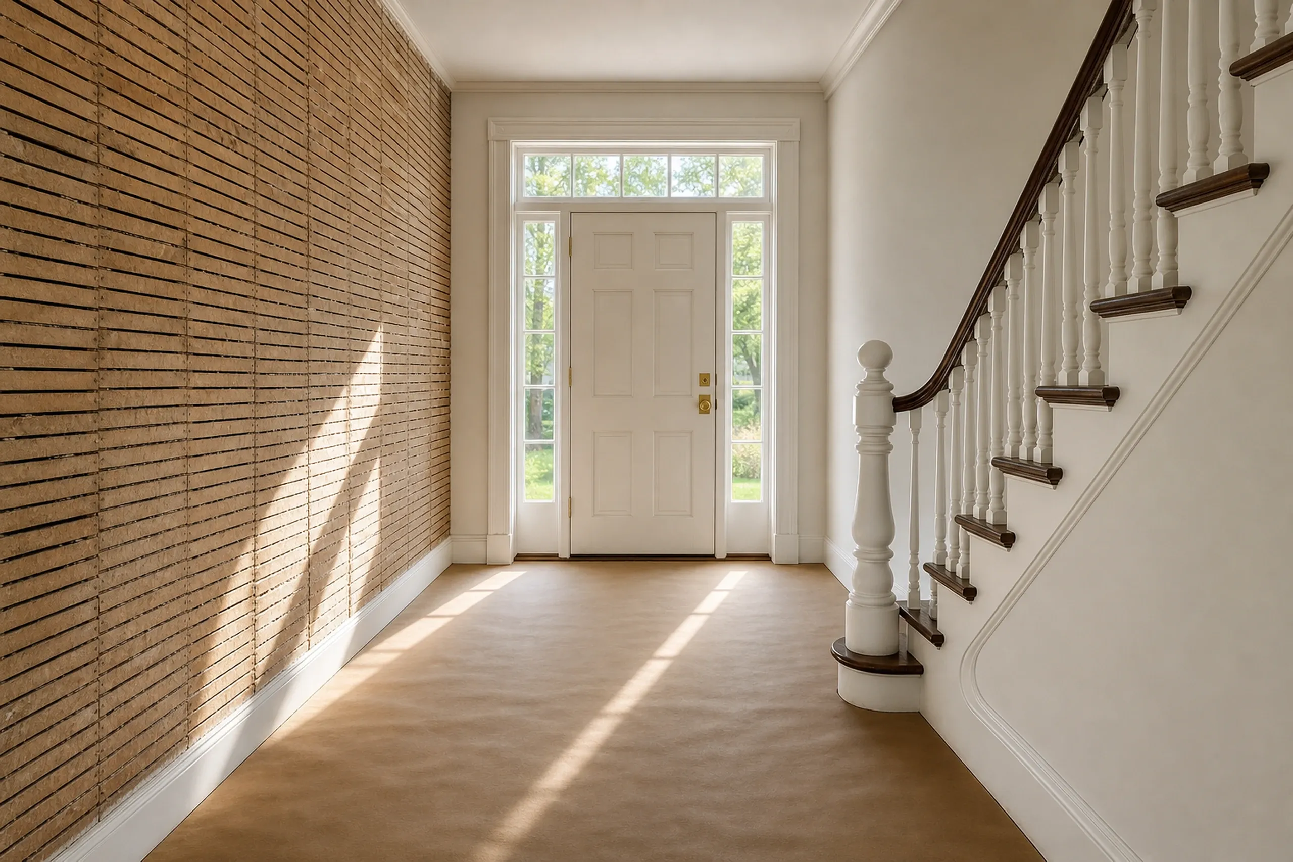 Entryway with brick siding and stairs: Interior foyer of a home with tan brick walls, white trim, wooden handrail, and front door with sidelights.