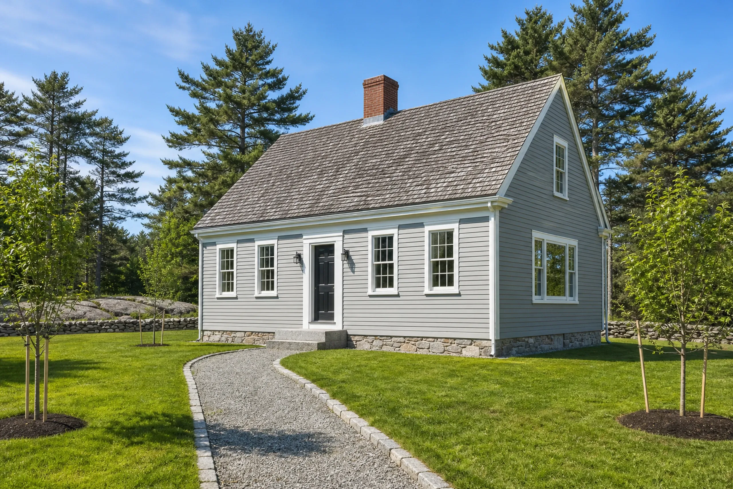 Renovated Cape Cod in Hampden, ME: White vinyl-sided house with black door, stone foundation, gray roof, brick chimney, gravel walkway, surrounded by green lawn and evergreen trees.