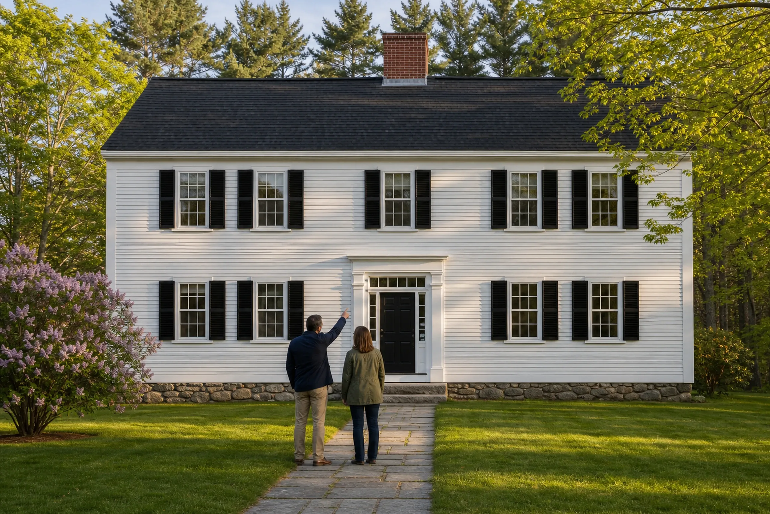 White Colonial Home in Hampden, Maine: Two people stand on a stone walkway facing a two-story white house with black shutters, dark roof, brick chimney, and stone foundation surrounded by green lawn and trees.