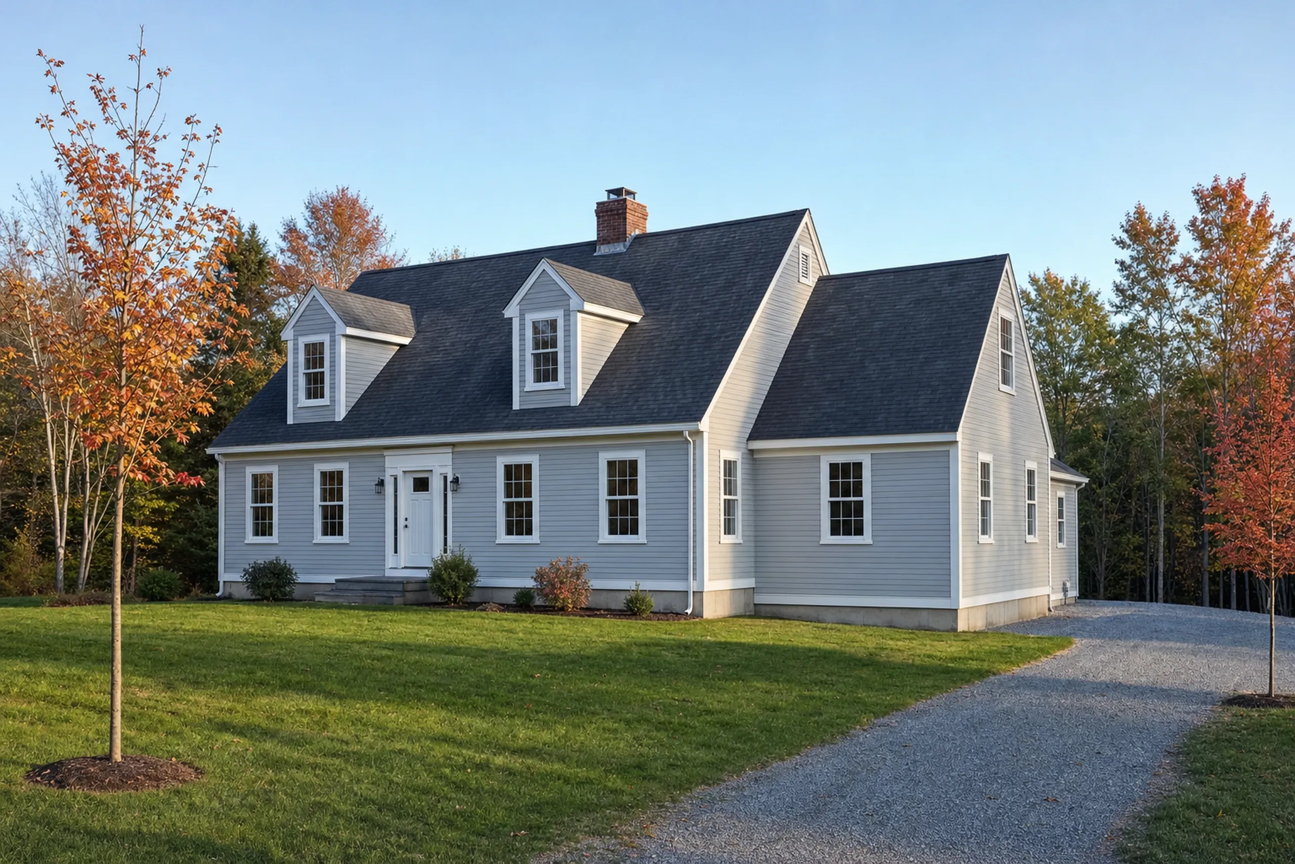 General contractor in Hampden, ME: White cape-style house with gray roof, two dormers, brick chimney, white trim, sitting on green lawn surrounded by autumn trees.