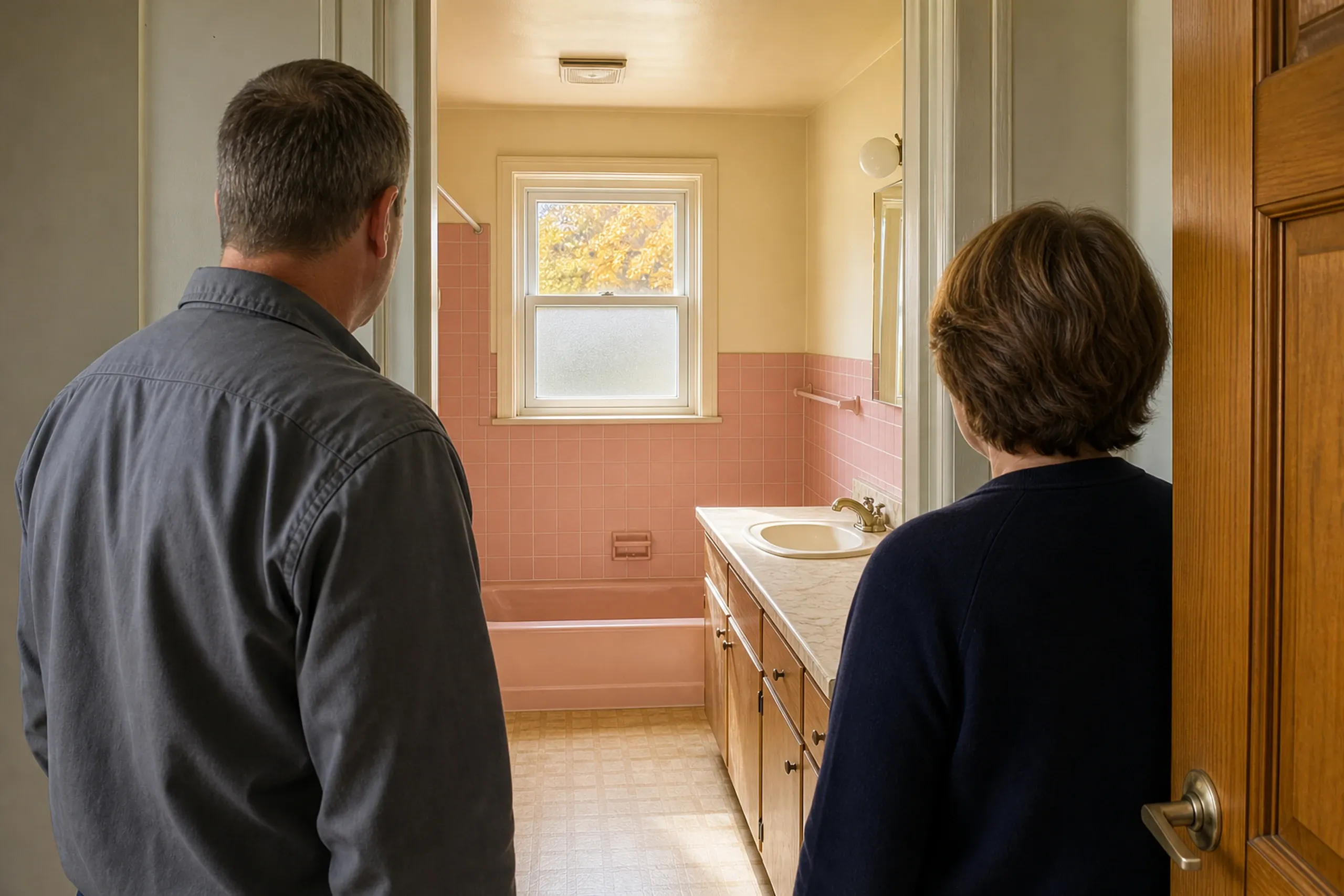 Bathroom Renovation in Hampden, ME: Two people viewing a bathroom with pink tile walls, white countertop, wooden vanity, and window.