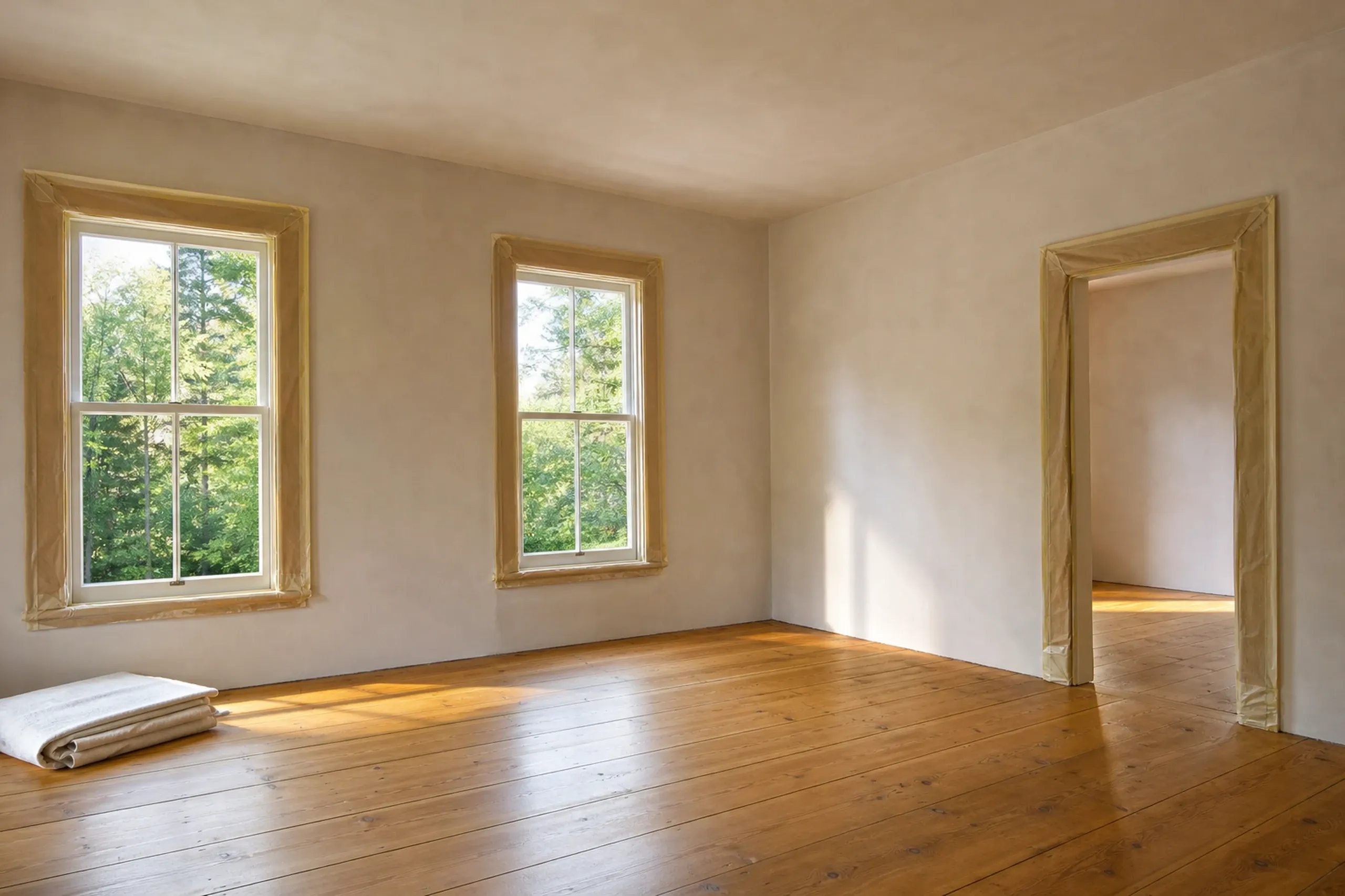 Empty room in Hampden, ME: Bright interior with two multi-pane windows with wood trim, hardwood floors, open doorway, and cream-colored walls.