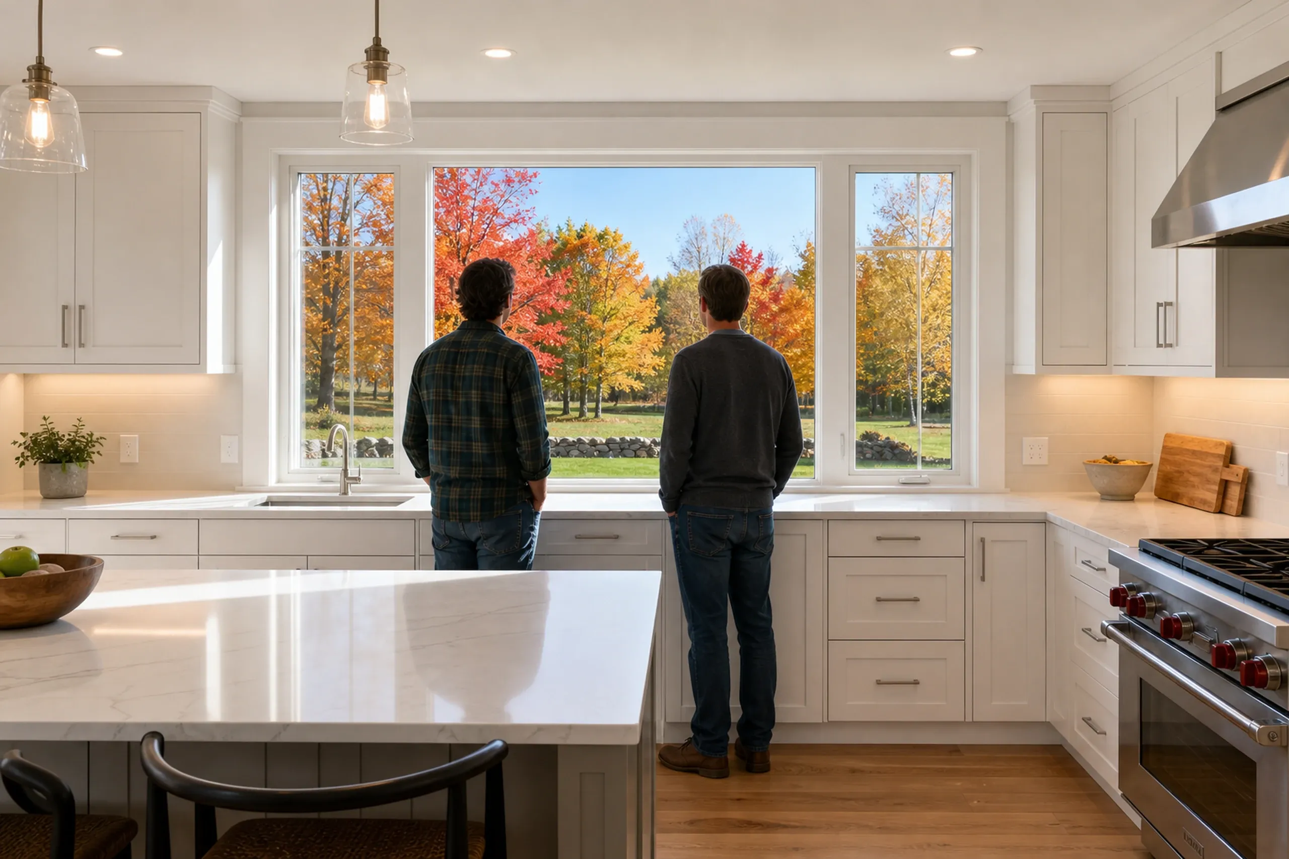 Kitchen renovation in Hampden, Maine: Two people stand at a large window overlooking fall foliage in a white kitchen with stainless steel appliances and light wood flooring.