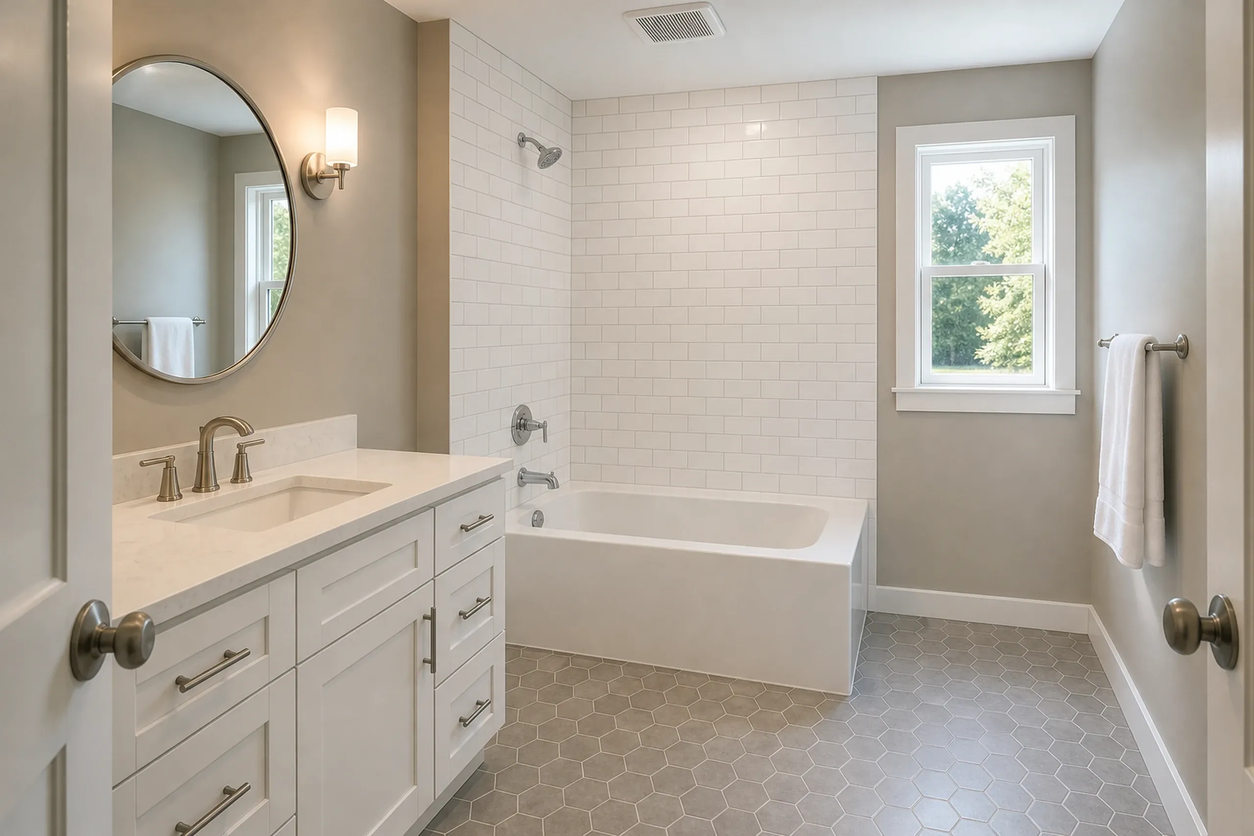 Master Bathroom Renovation in Hampden, ME: Interior view of updated bathroom with white cabinetry, cream countertop, oval mirror, subway tile shower surround, soaking tub, and hexagonal floor tile.