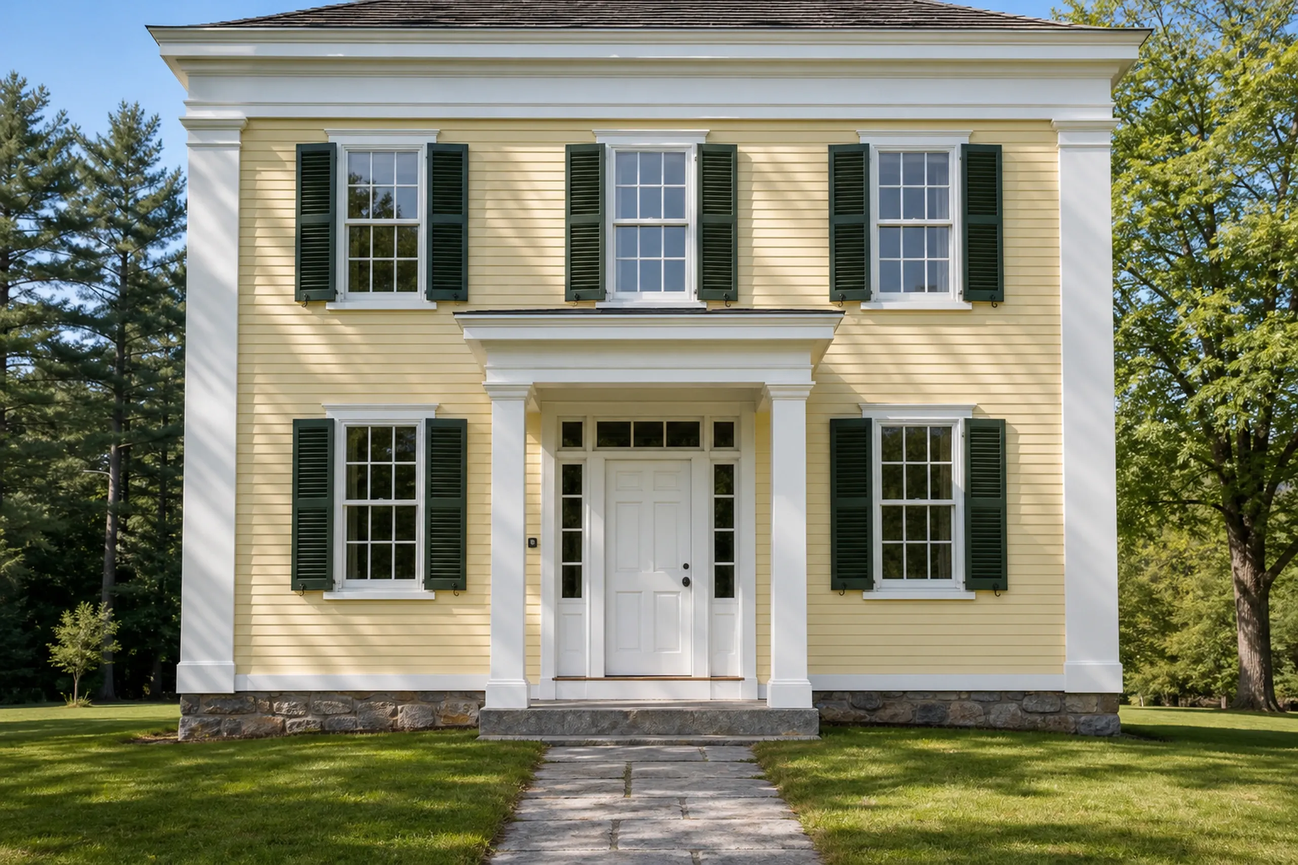 Colonial home in Hampden, Maine: Two-story house with pale yellow siding, white trim, dark green shutters, and dark roof. Stone foundation visible. Centered white front door with sidelights. Manicured lawn and trees surround property.