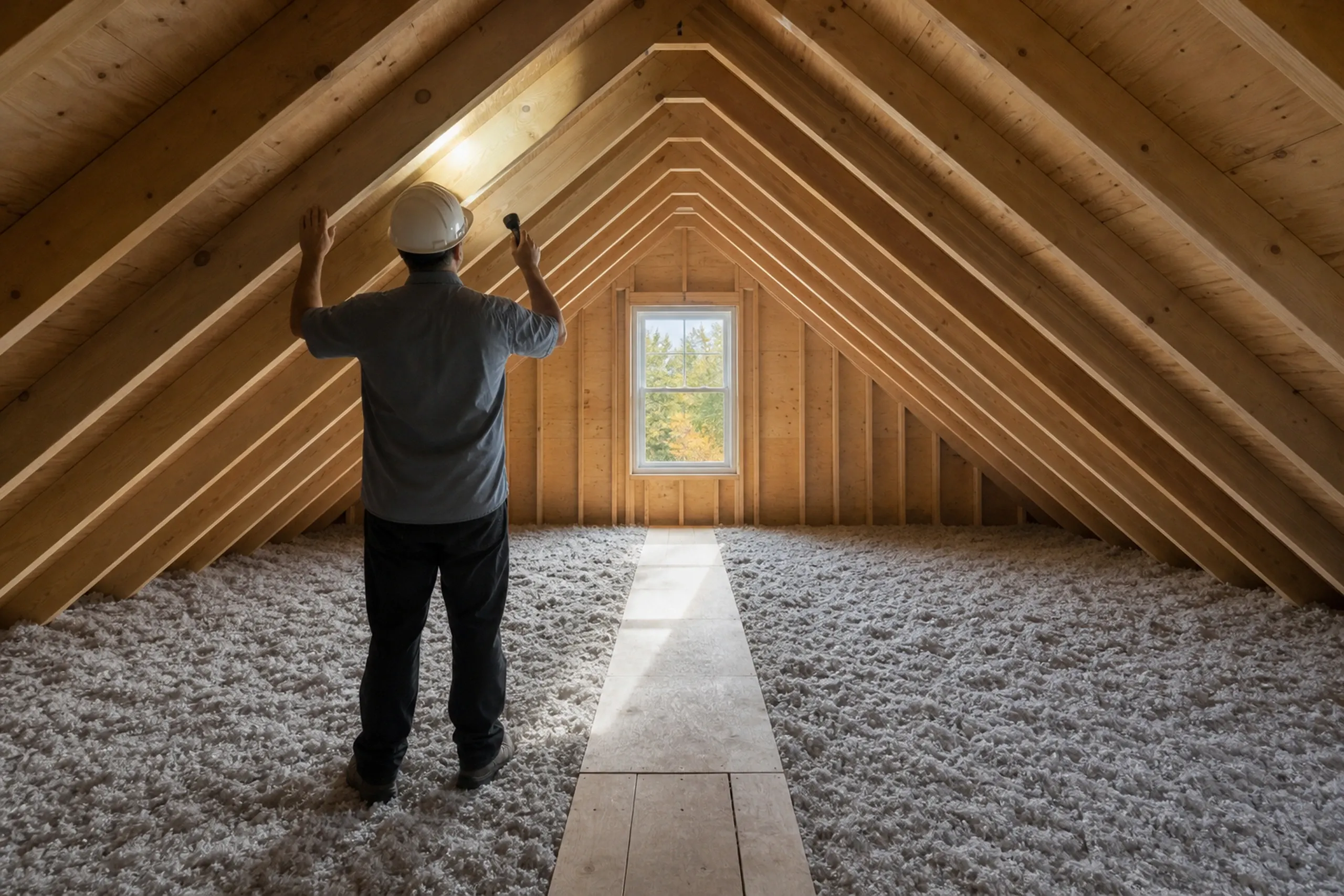 Attic space in Hermon, Maine: Worker in hard hat stands in unfinished attic with exposed wooden beams, insulation, and central window.