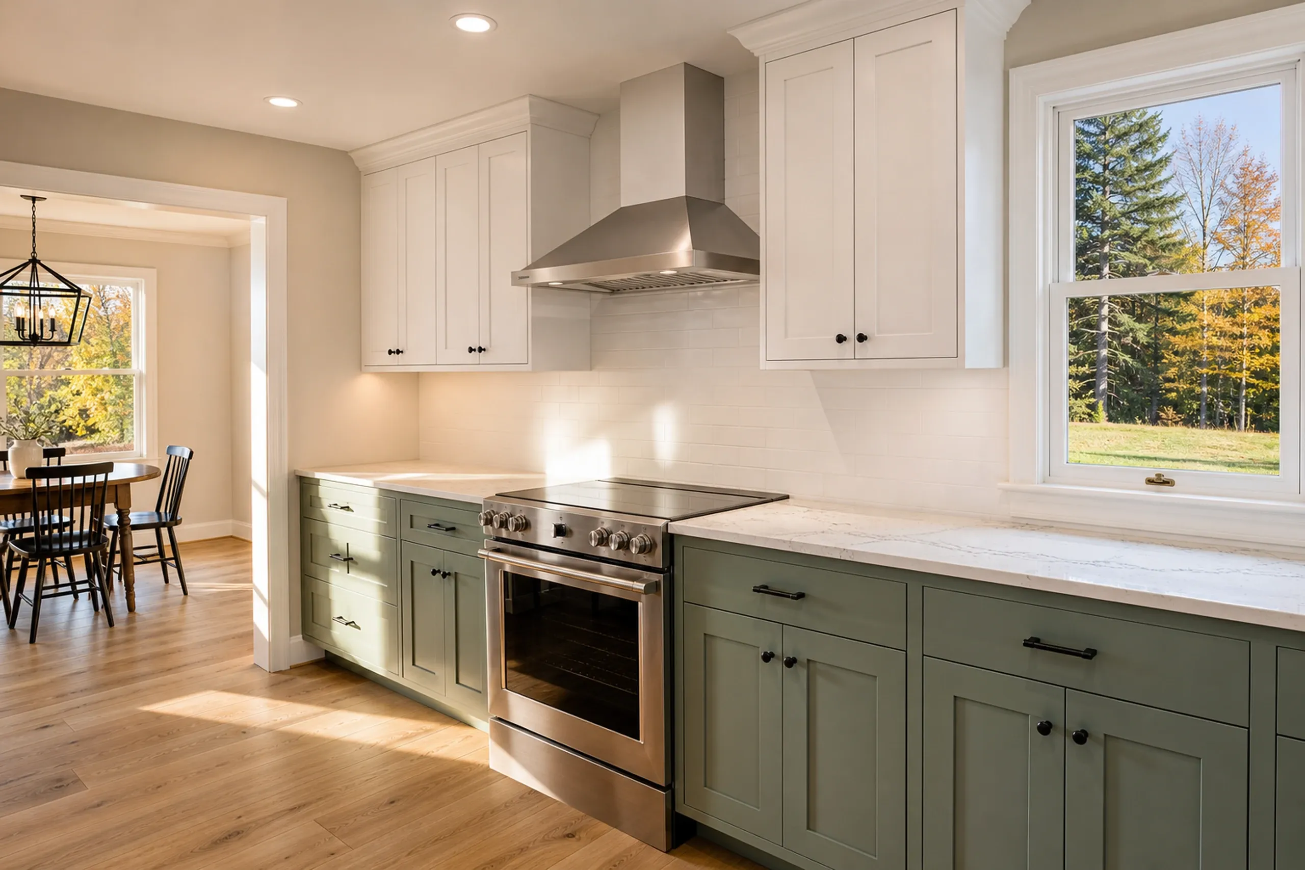 Kitchen renovation in Hermon, ME: Interior view of updated kitchen with white upper cabinets, sage green lower cabinets, stainless steel appliances, white subway tile backsplash, and wood flooring.