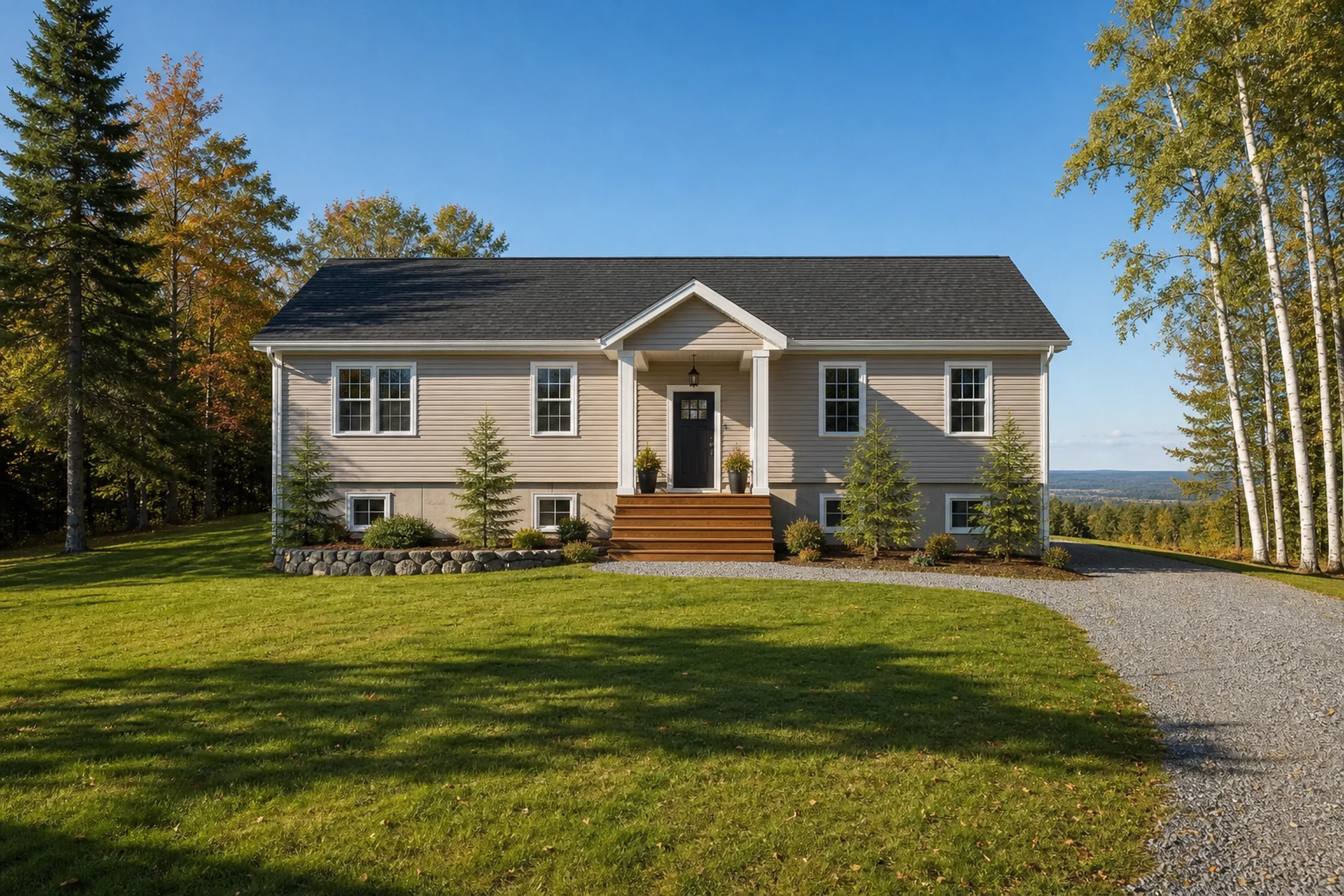Raised ranch with vinyl siding in Hermon, Maine: Beige and white two-story home with dark roof, front porch, wooden steps, gravel driveway, manicured lawn, surrounded by trees and forest.