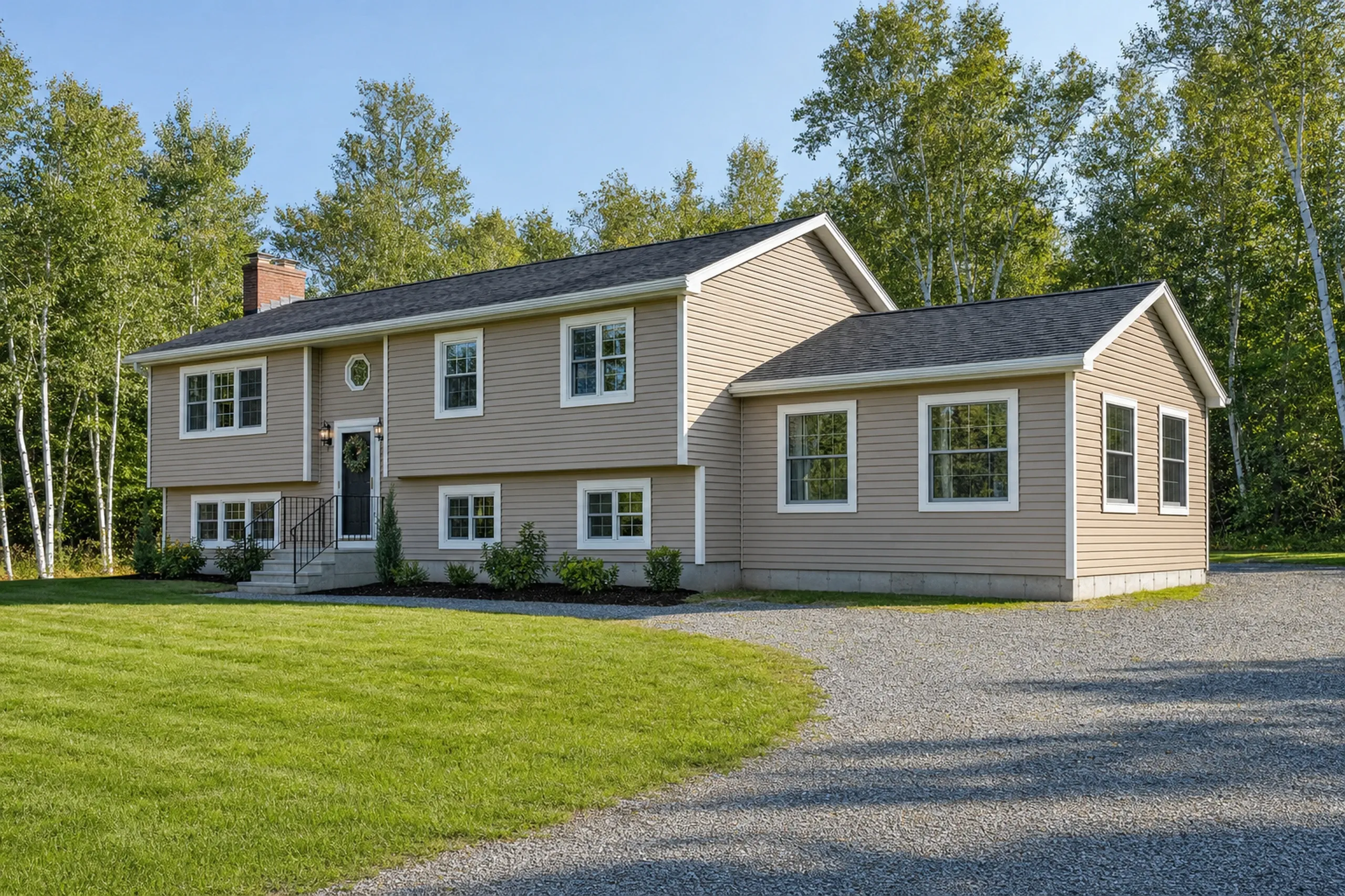 General contractor in Hermon, ME: Two-story raised ranch with tan vinyl siding, white trim, dark shingle roof, brick chimney, front porch, gravel driveway, and wooded lot.